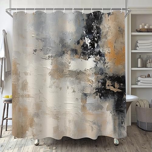 Cortina de ducha con pintura al óleo abstracta para baño, juego de cortinas de ducha boho marrón negro gris blanco, con trazos de pincel, tela