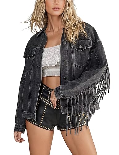 Omoone Women's Oversized Denim Fringed Jacket Tassel Jean Jackets Cowgirl