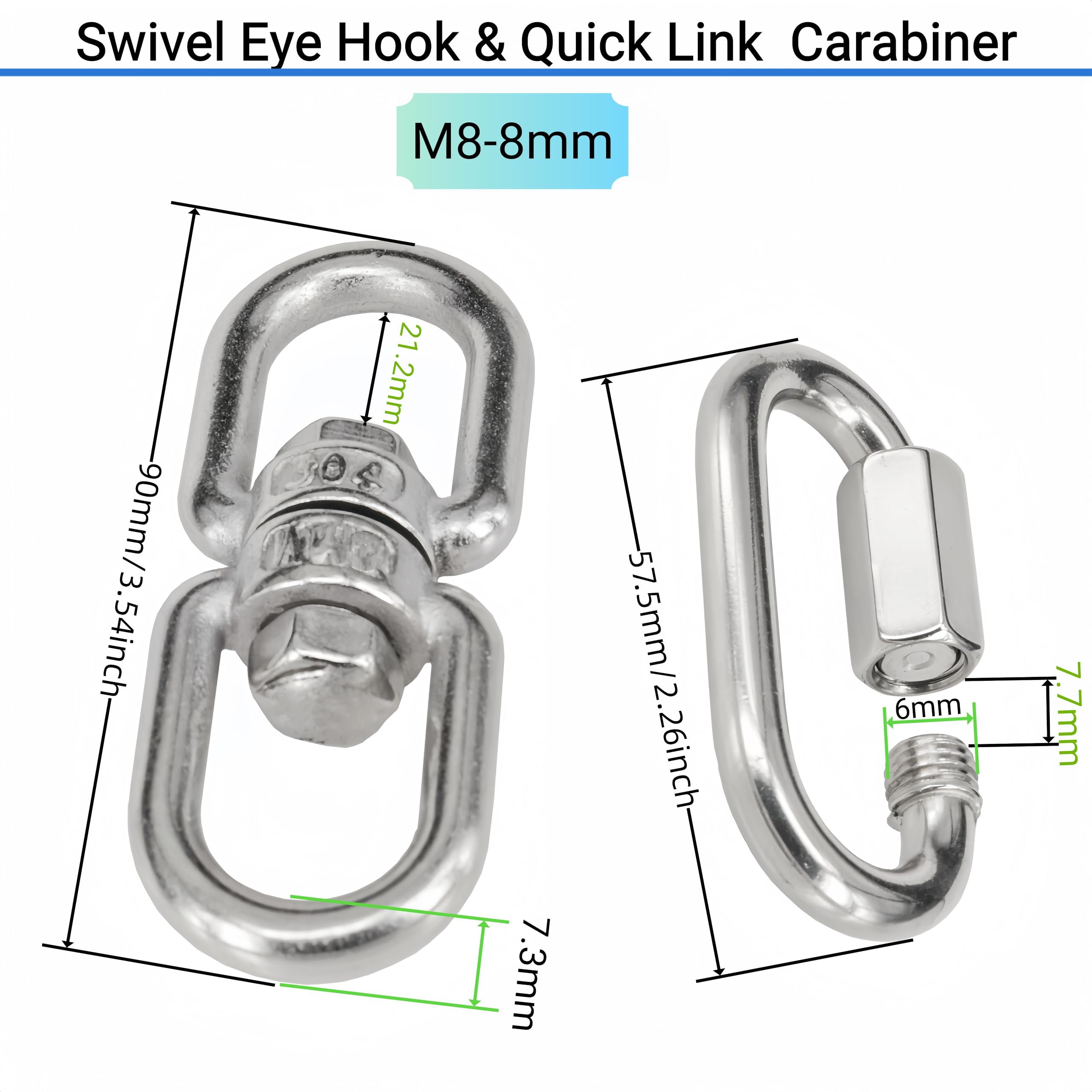 Lot de 2 anneaux pivotants M8 à double extrémité avec 2 maillons rapides, anneau de manille pivotant œil à œil pour balançoire, chaise suspendue, hamac et cordes de fitness