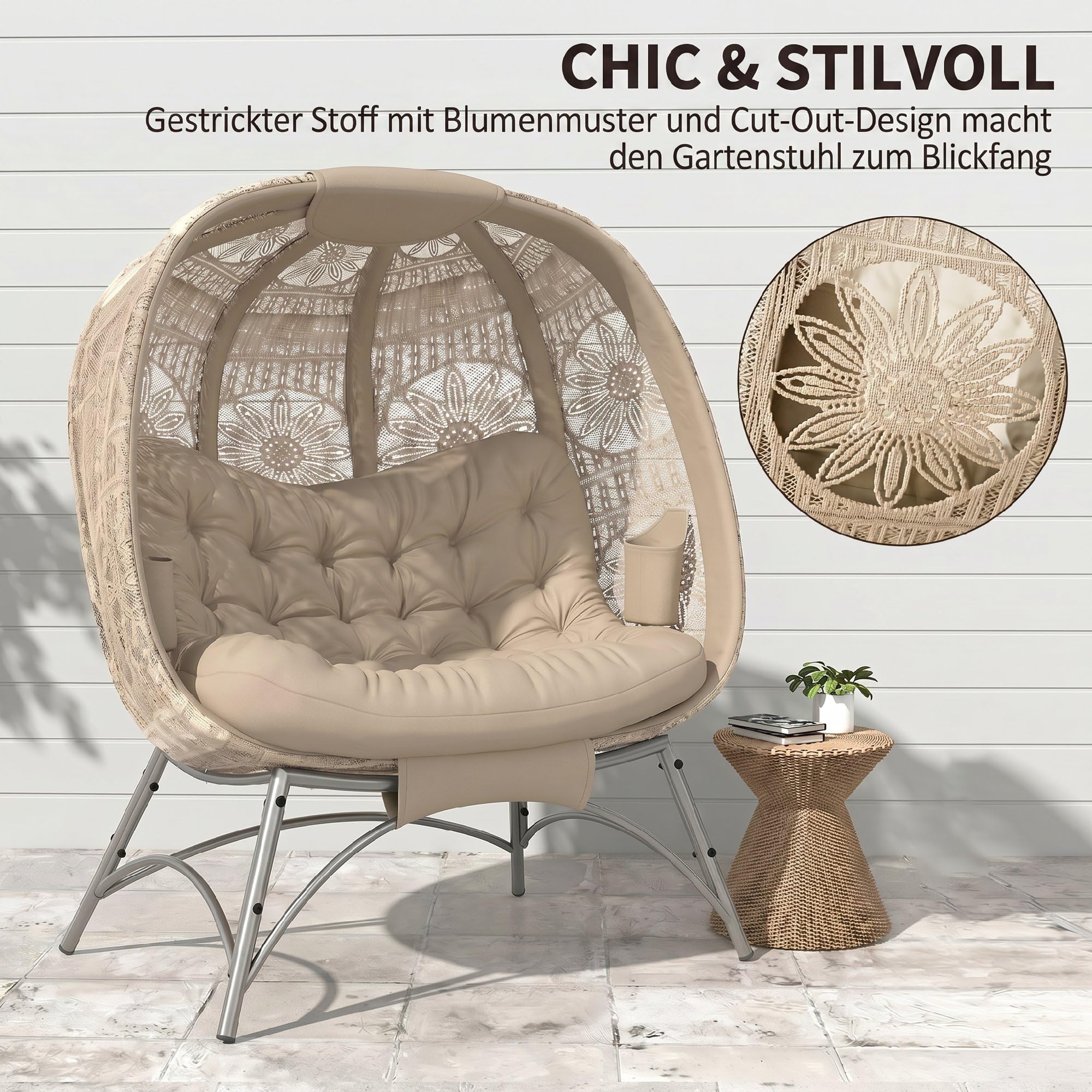 Outsunny 2-osobowy fotel papasan ogrodowy, 126x90x142 cm, piaskowy | Fotel wiklinowy ze składanym koszem, z poduszką, fotel wypoczynkowy do 240 kg, na balkon, taras