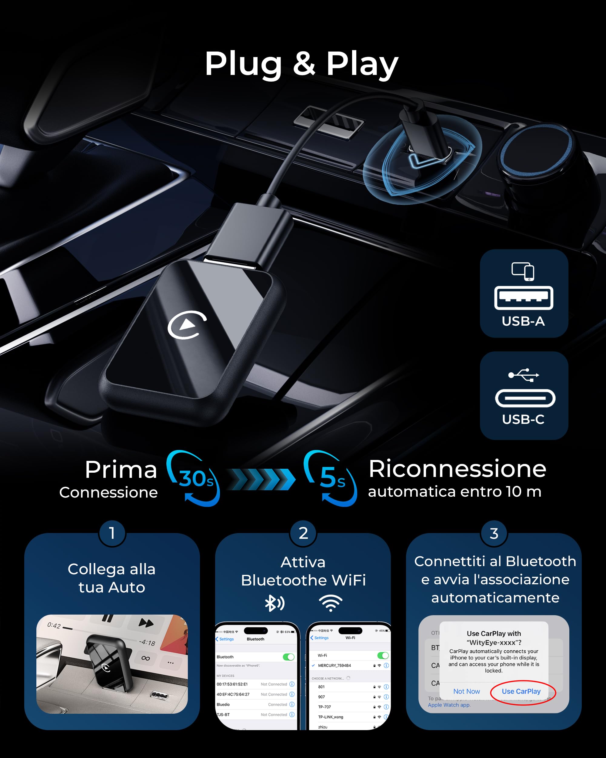 Adattatore Android Auto Wireless & Carplay Wireless 2 IN 1, 2.4/5GHz Bluetooth Connessione Stabile, 5.8GHz WiFi/USB C/A 3.0 Trasferimento Dati Veloce, per Apple iOS 10+, Android 11+