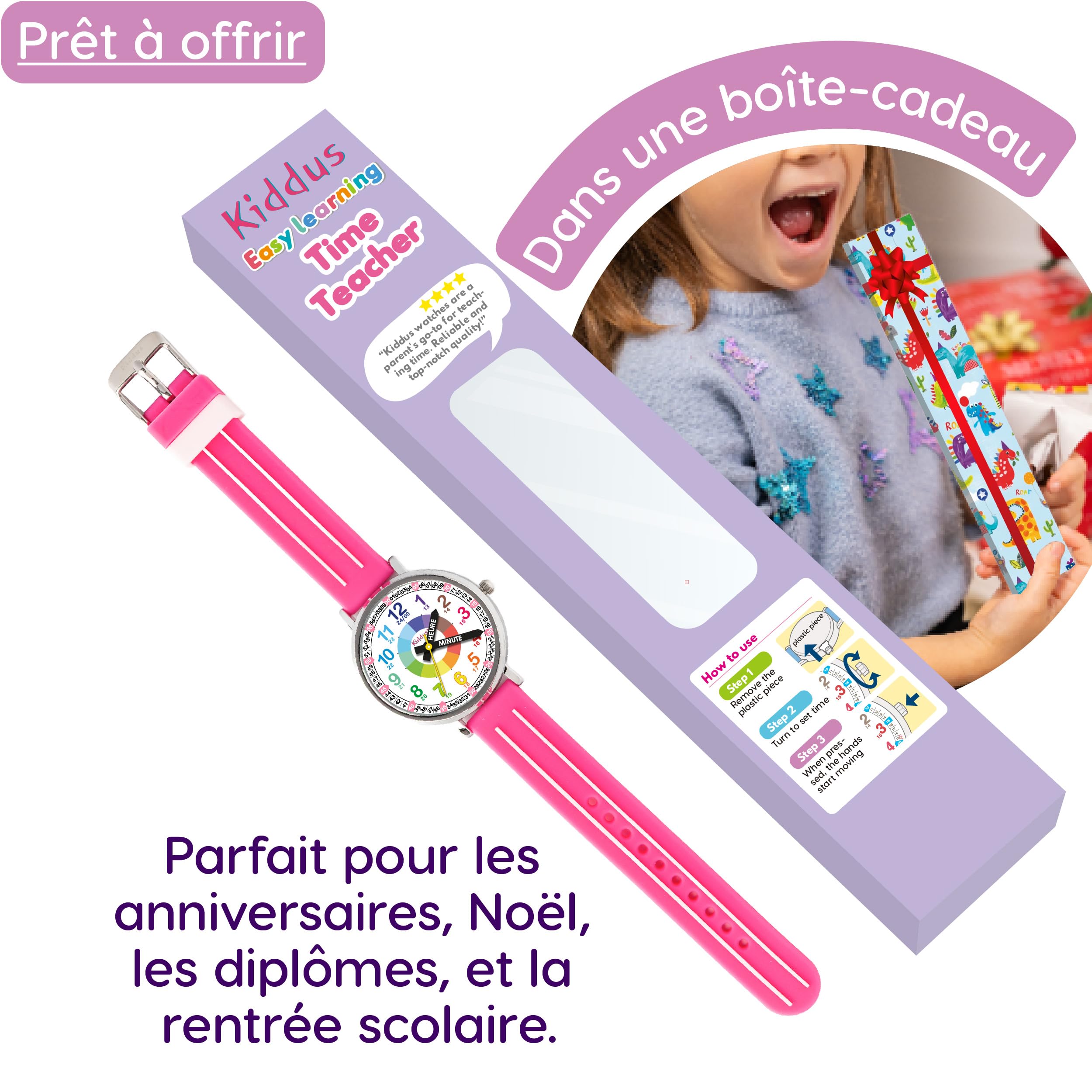 Kiddus Montre Enfant Fille et Garçon à partir de 5 Ans, Montre Éducative Analogique à Aiguilles, Apprentissage de l'Heure, Mouvement Japonais
