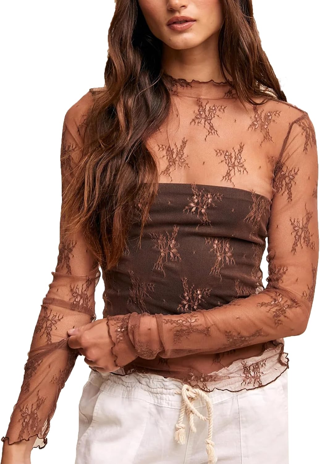 Lace Tops for Women Long Sleeve Mock Neck Mesh Top Sexy Sheer Shirts See Through Floral Blouses