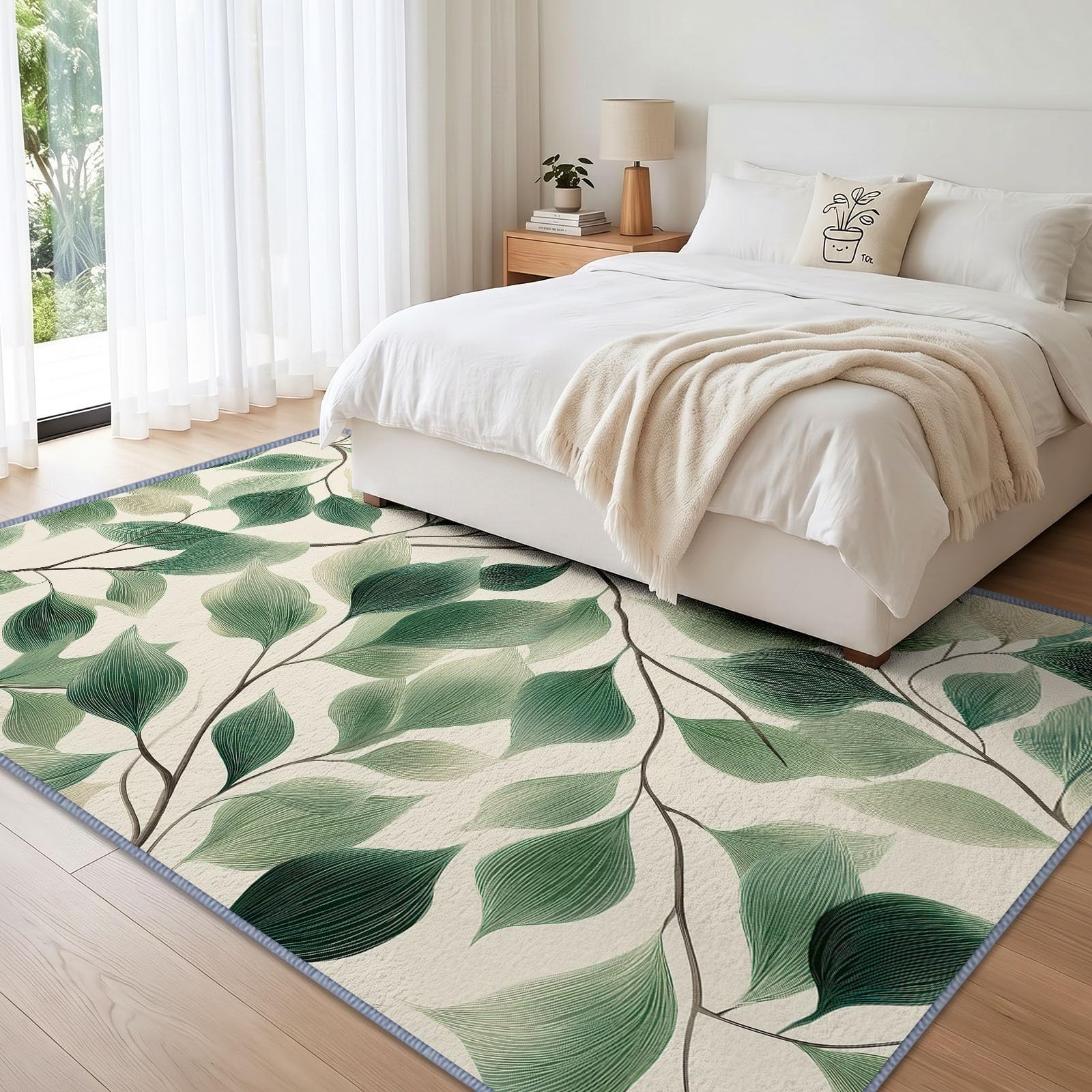 Générique Botanique Tapis, 160 x 230 cm, Branche Feuille Sauge Verte Décoration Moquette avable Salle de Tapis, Pliable Doux Réduire Bruit Lancer Moquette pour Chambre à Coucher
