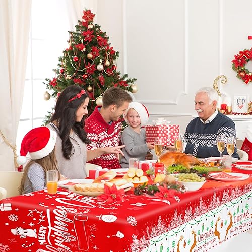 Miniatura 6 de Paquete de 3 manteles de Navidad desechables de plástico, rectangulares, color rojo, árbol de Navidad, muñeco de nieve, copo de nieve, decoración de