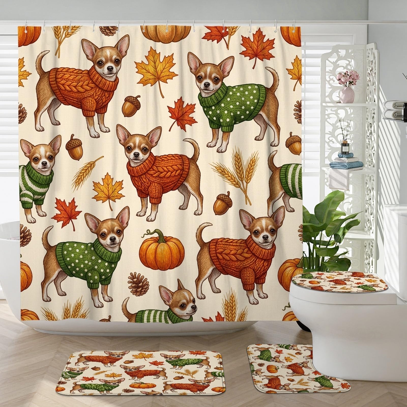 Tapis de bain feuille d'érable et motif chihuahua pour une ambiance d'automne cosy