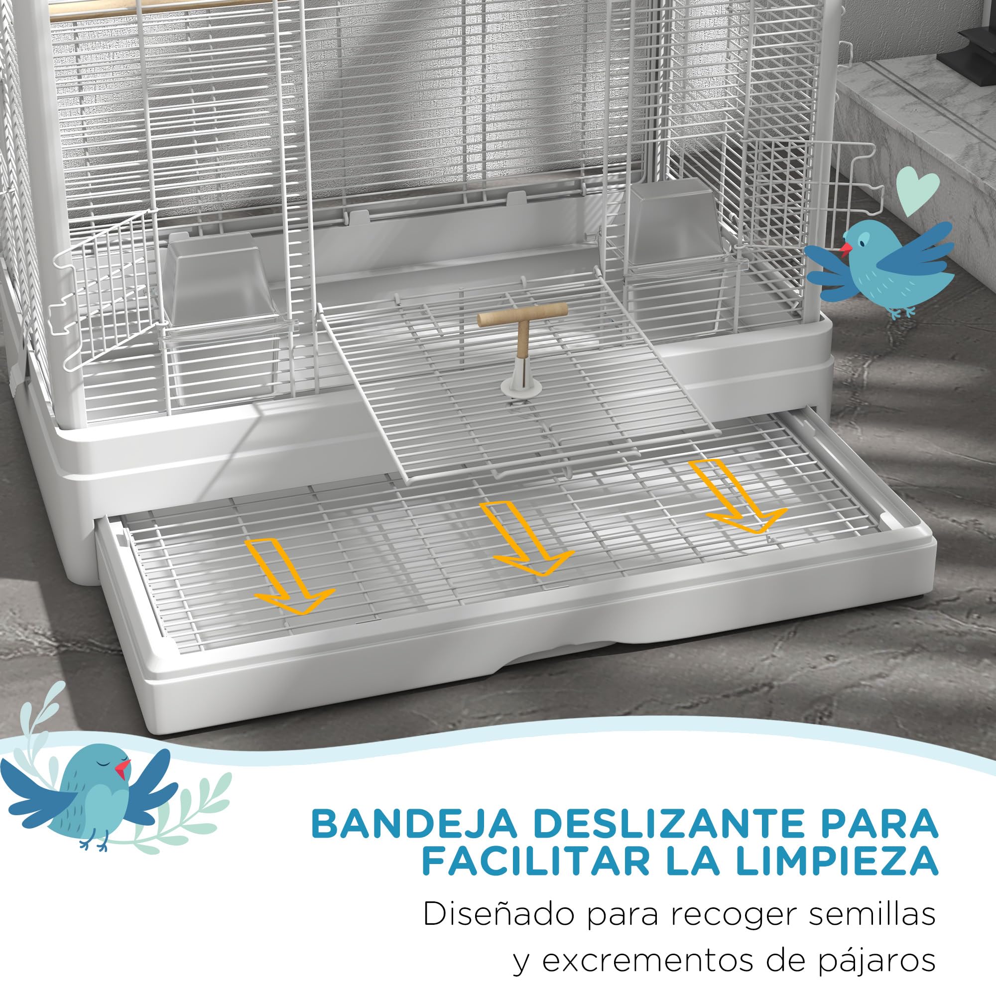 PawHut Jaula para Pájaros 61x36,5x98 cm Pajarera con Puertas Perchas Bandeja Extraíble Cajas de Comidas y Asas Jaula para Ninfas Periquitos Pinzones Canarios Blanco