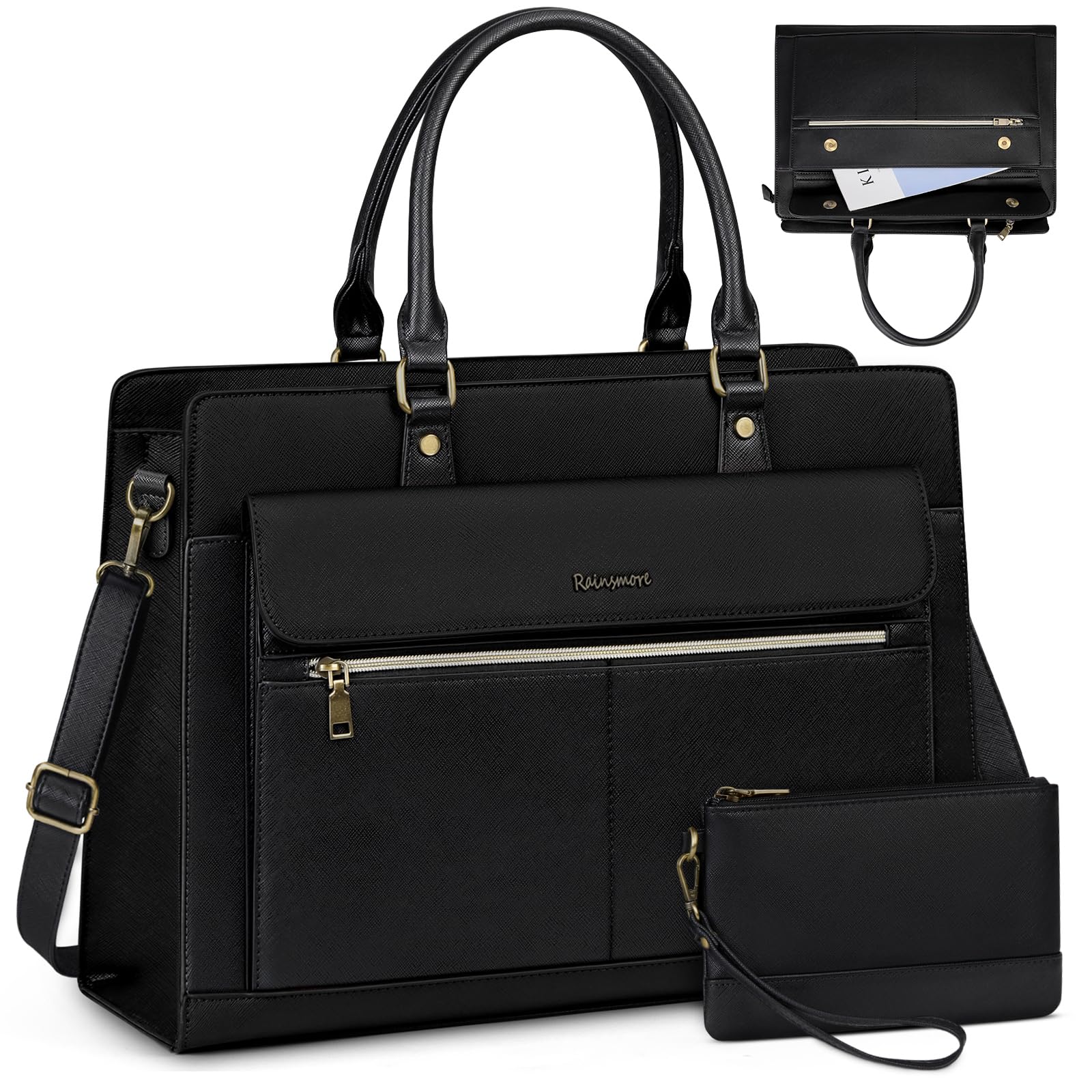 RAINSMORE Borsa Università Donna Borsa Lavoro in Pelle PU Grande Borsa Porta PC 15.6 Pollici Impermeabile a Spalla Tracolla Nero
