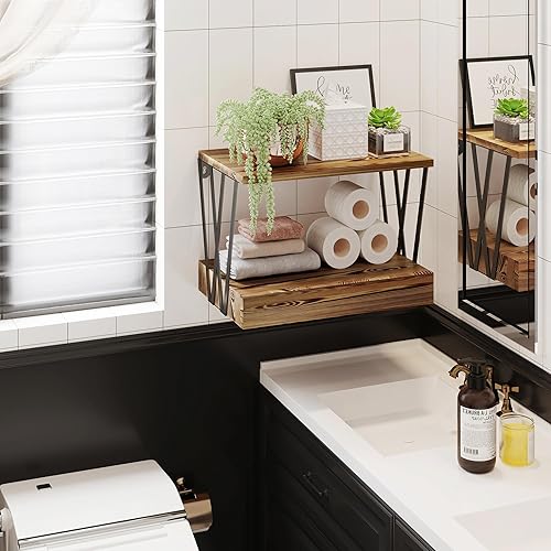 Miniatura 5 de LUPWNEKA Mesita de noche flotante con cajón, mesa auxiliar flotante de madera natural con forma de W, estante geométrico de granja de 3 niveles