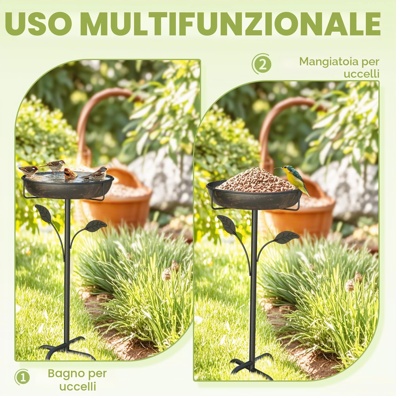 WELDUN Abbeveratoio per uccelli 26 cm, mangiatoia in piedi per esterni, giardino, contenitore per uccelli in metallo per acqua, abbeveratoio resistente all'inverno per uccelli selvatici, mangiatoia e