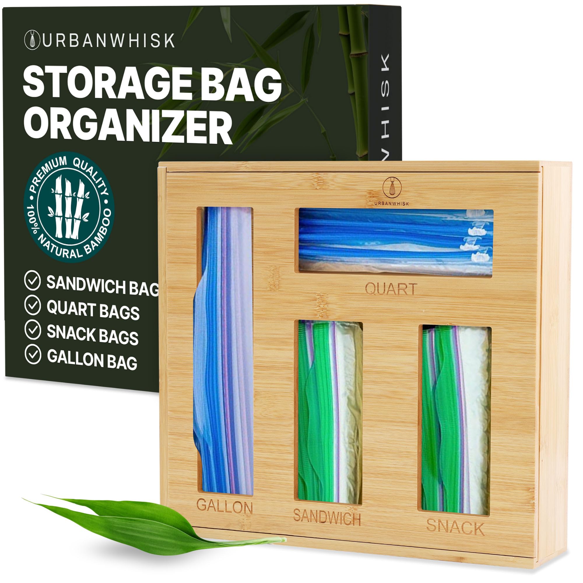 URBANWHISK Bamboo Storage Bag Organizer for Kitchen Drawer – Foil & Plastic Bag Organizer for Drawer – Ideal for Foil and Plastic Wrap | Gallon, Quart