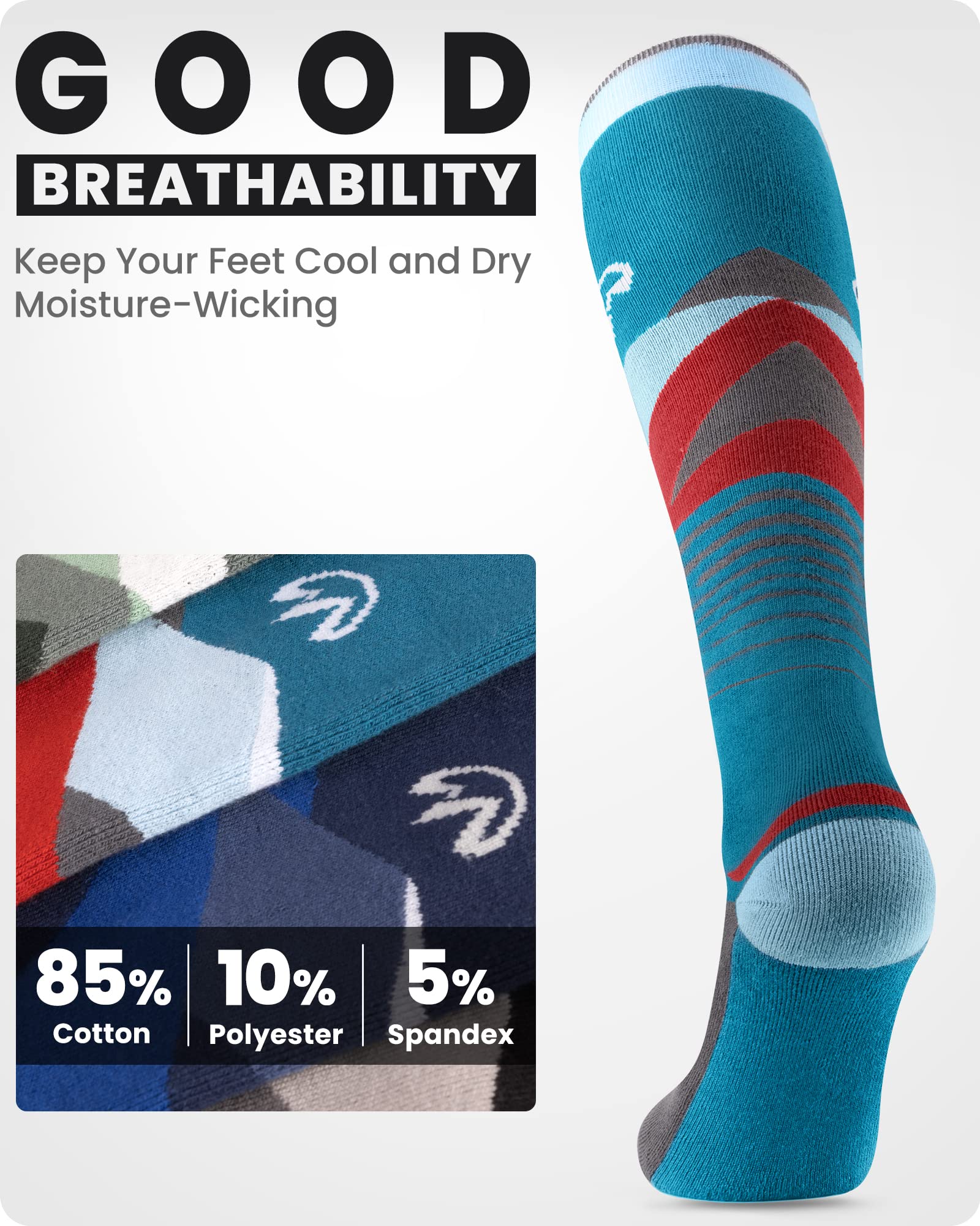 OutdoorMaster Ski Socks, 2-Pair Pack Skiing and Snowboarding Thermal Socks for Men with Non-Slip Cuff Design, Geometric Patterns - Grey Blue, Medium