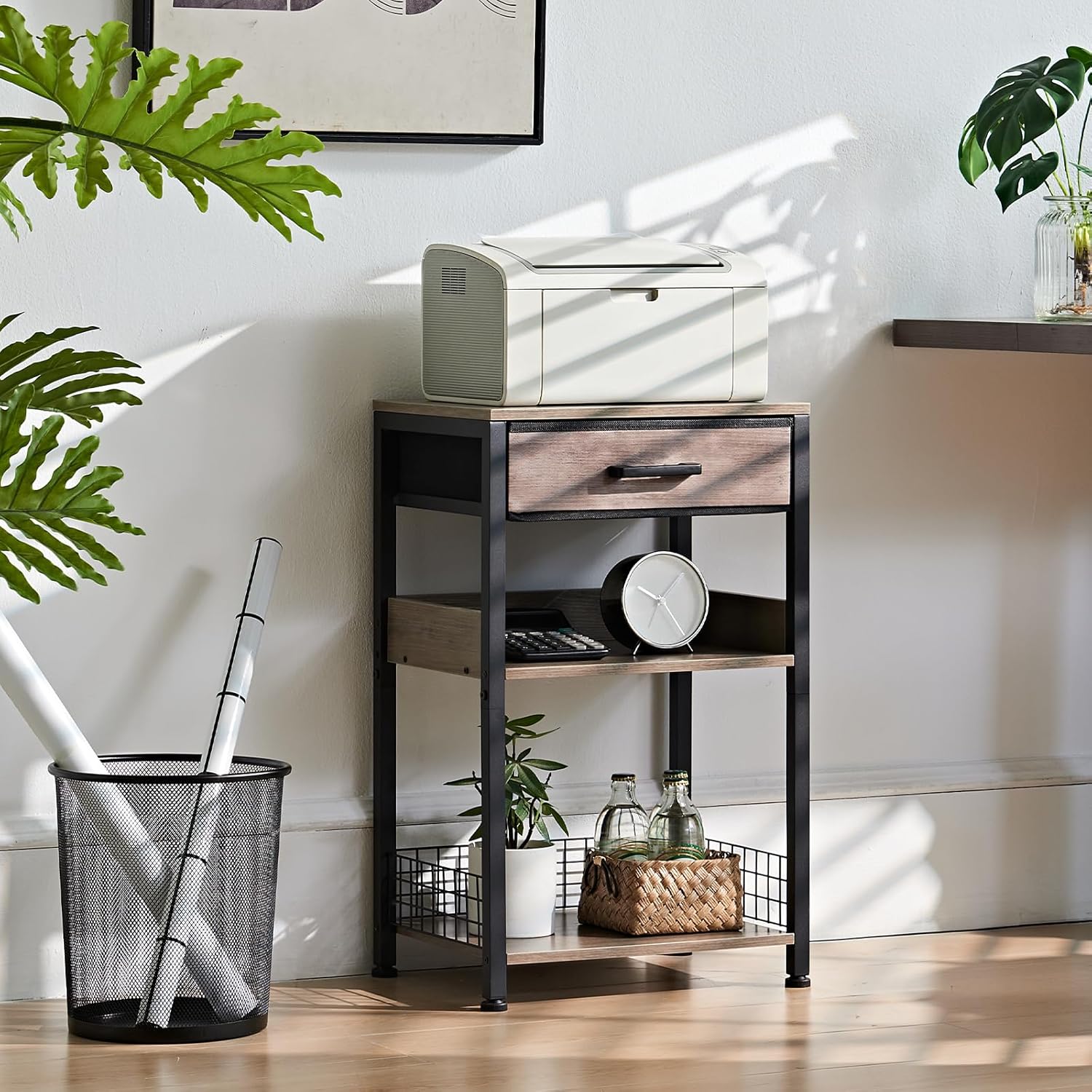 Lerliuo Grey Printer Stand with Fabric Drawer, 3 Tier Industrial Side Table, Modern Small Printer Desk Holder with Storage Shelf,Multi-Functional Bedside Tables for Home Office Fax Machine Scanner