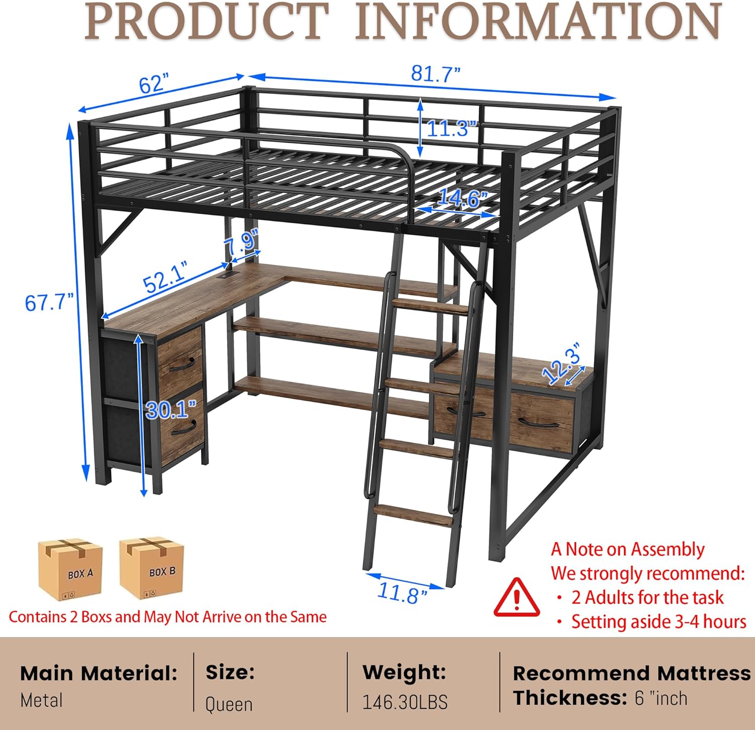 Queen Size Loft Bed with L-Shaped Desk and Charging Station, Heavy Duty Metal Loft Beds Queen with Storage Shelves, Wardrobe, Drawers, Gaming Loft Beds with LED Lights for Adults, Teens,Black