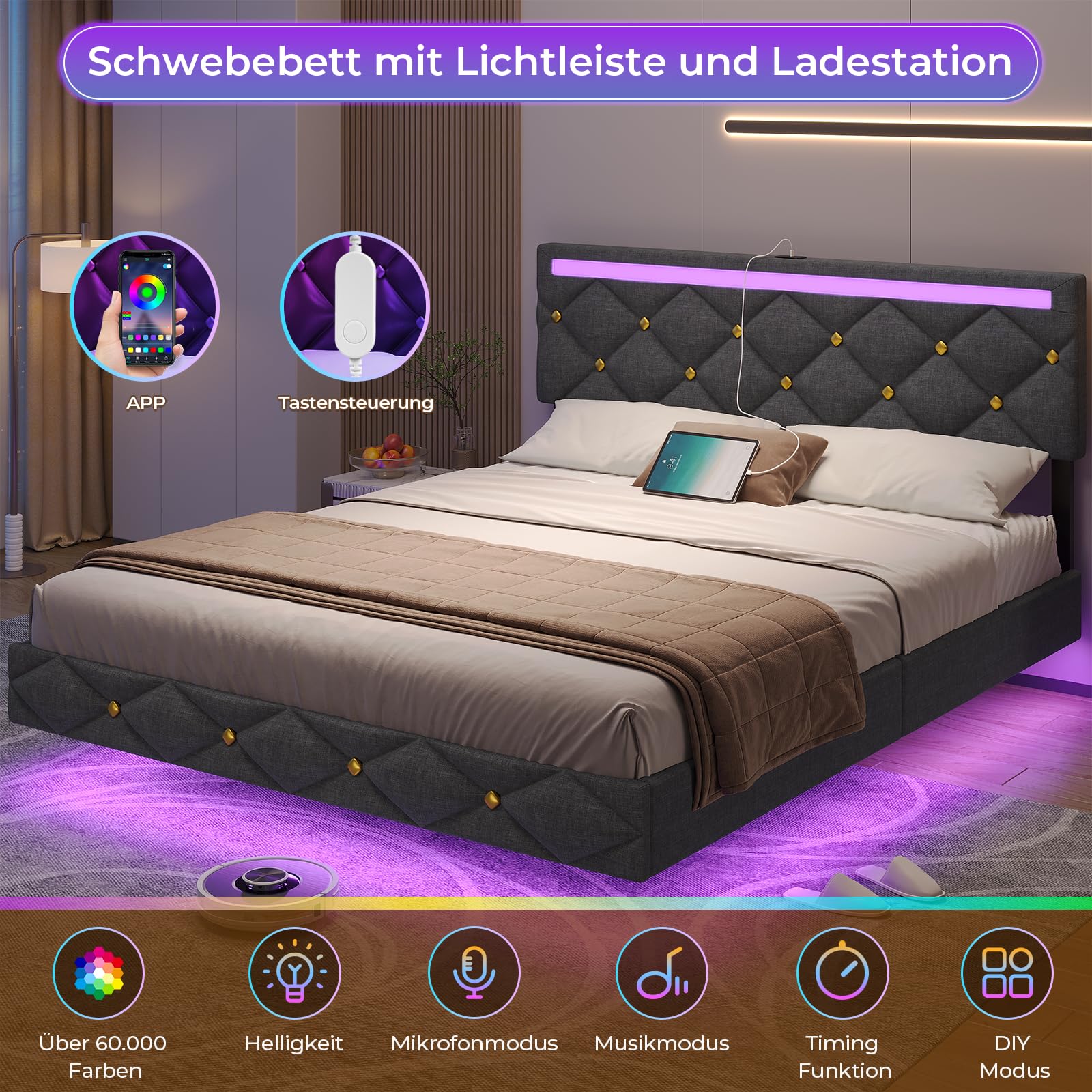 DICTAC Letto 160 x 200 cm, con illuminazione a LED e stazione di ricarica USB, moderno letto matrimoniale 160 x 200 cm, con rete a doghe e testiera alta, struttura del letto in grigio scuro e tessuto