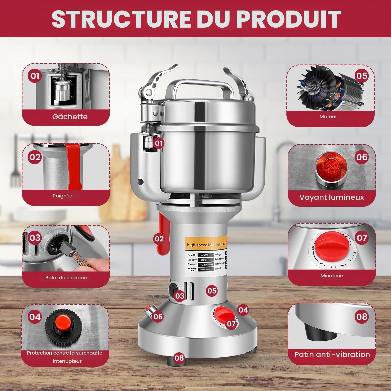 Moulin Céréales Grains électrique,500g Portable Grinder 220V Moulin à épices mit 3 Lames,pour céréales, herbes, épices, noix