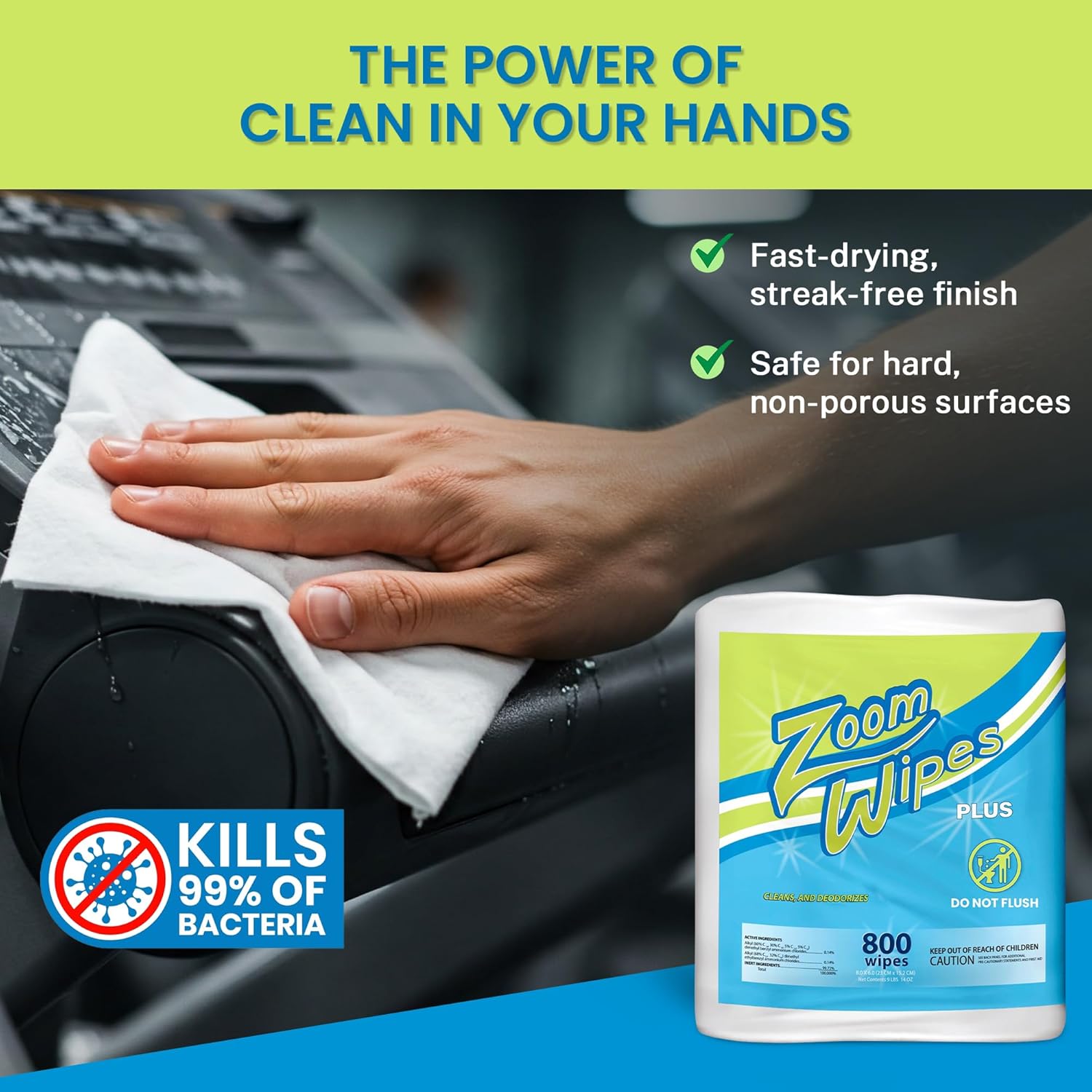 Zoom Wipes Plus – 4 Rolls (3200 Wipes), Citrus Scented Cleaning & Deodorizing for Fitness Equipment, Office, Household, Safe for Electronics – Alcohol & Bleach-Free, Made in USA.