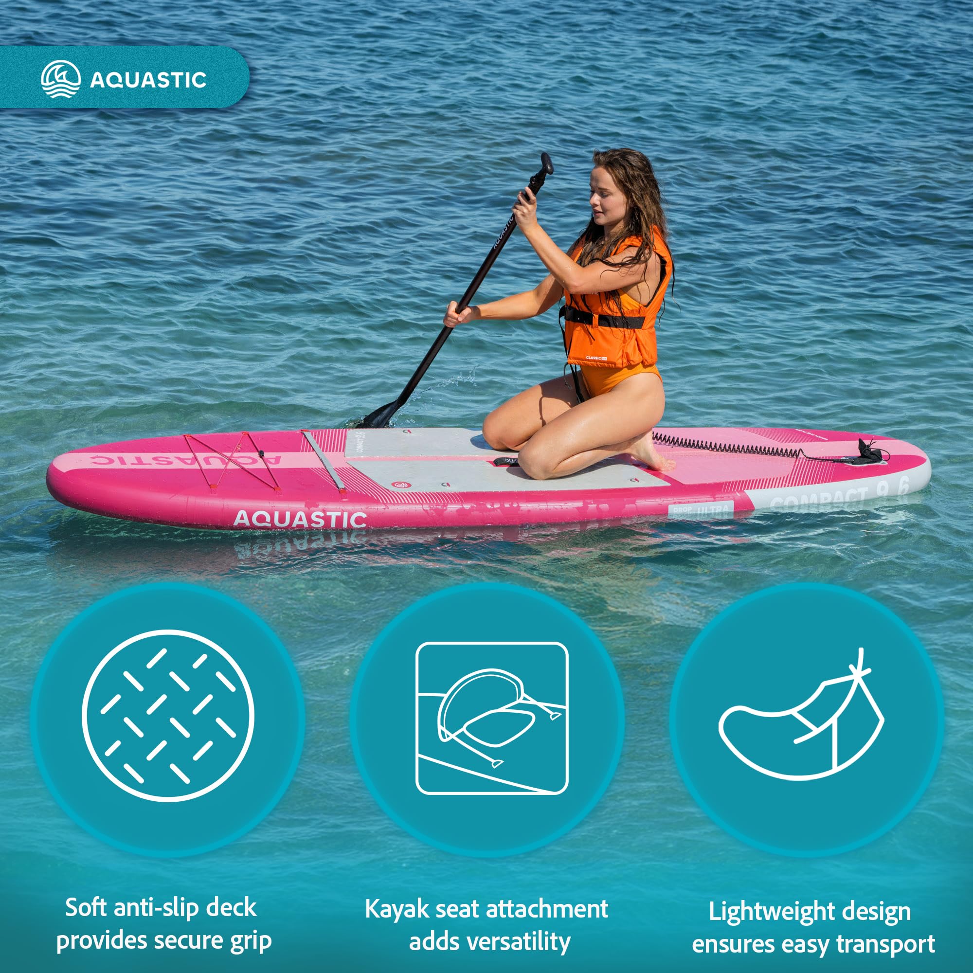 AQUASTIC Compact 220 l - Planche Sup légère/Kayak Drop Stitch Ultra, Stringer, 290 x 79 x 12 cm, déplacement de 220 l, Anneaux en D, Cargo, ballasts, Sac à Dos, Pompe, Leash, Rose