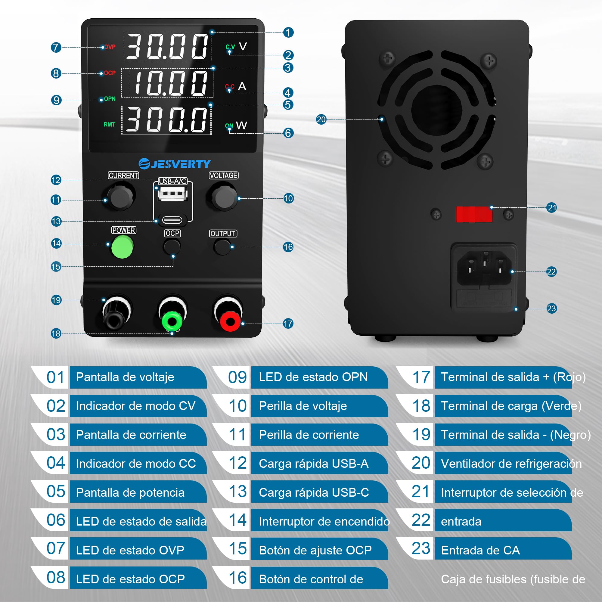 Fuente de alimentación CC Variable, 0-30V 0-10A Fuente de alimentación de Banco regulada CC con Carga rápida USB y Tipo C, Perilla codificadora,Interruptor de Encendido/Apagado de Salida Jesverty