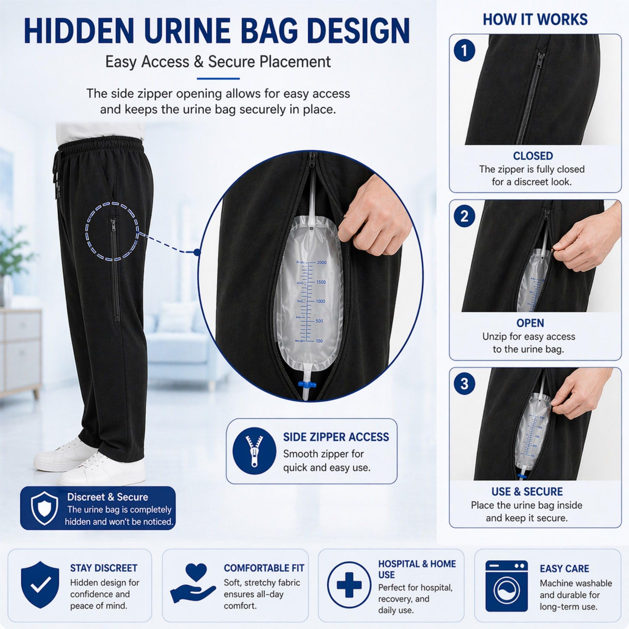 Pantaloni per Catetere per Uomo E Donna, Pantaloni per Sacca Urinaria in 100% Cotone con Due Tasche con Cerniera Nascosta, Pantaloni di Supporto per Nefrostomia Regolabili