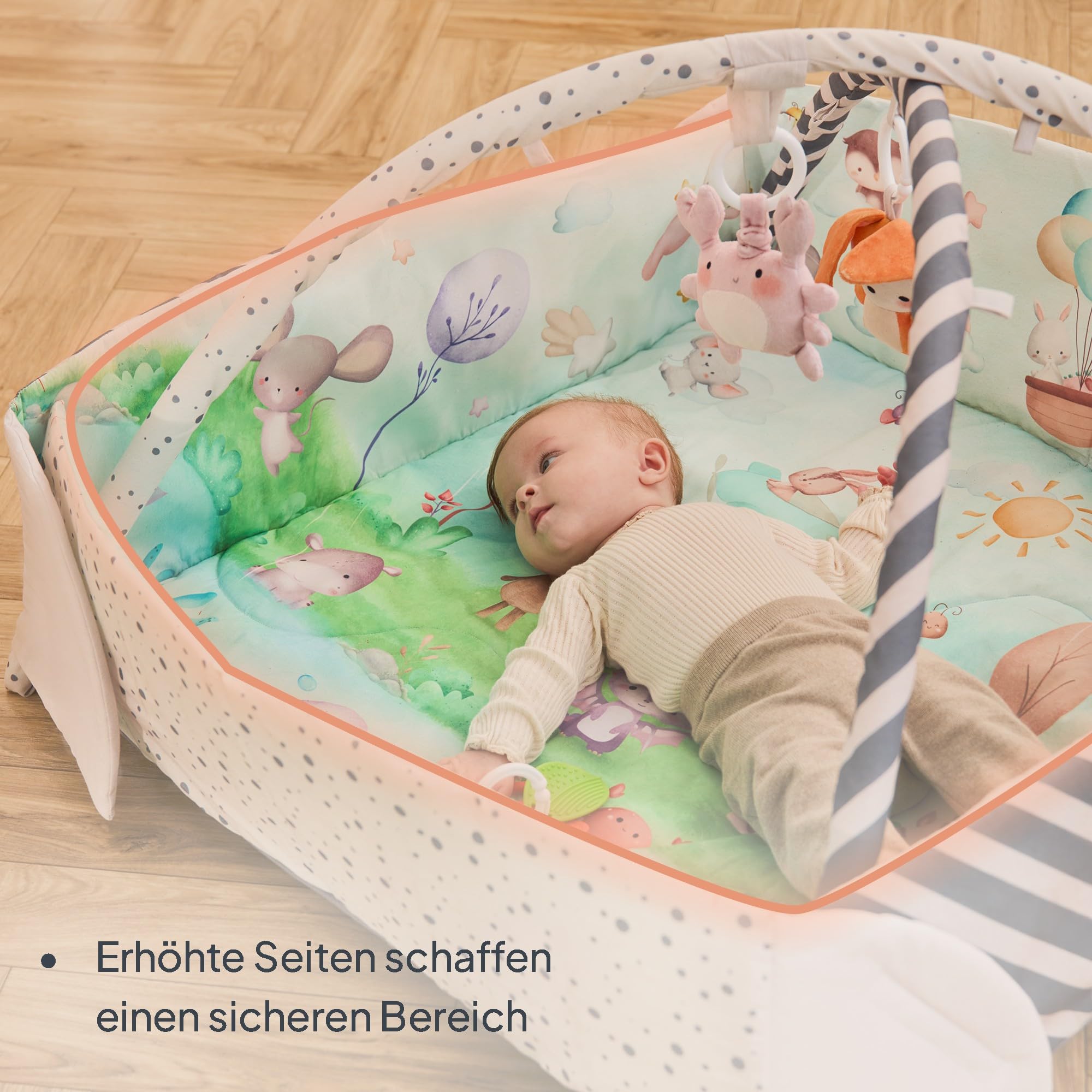 Lionelo Anika Natural Baby Spielmatte aus Bambus 0+ | mit 8 abnehmbaren Spielzeugen & Spielbogen, weiche Activity-Matte für Tummy Time & Bauchlage