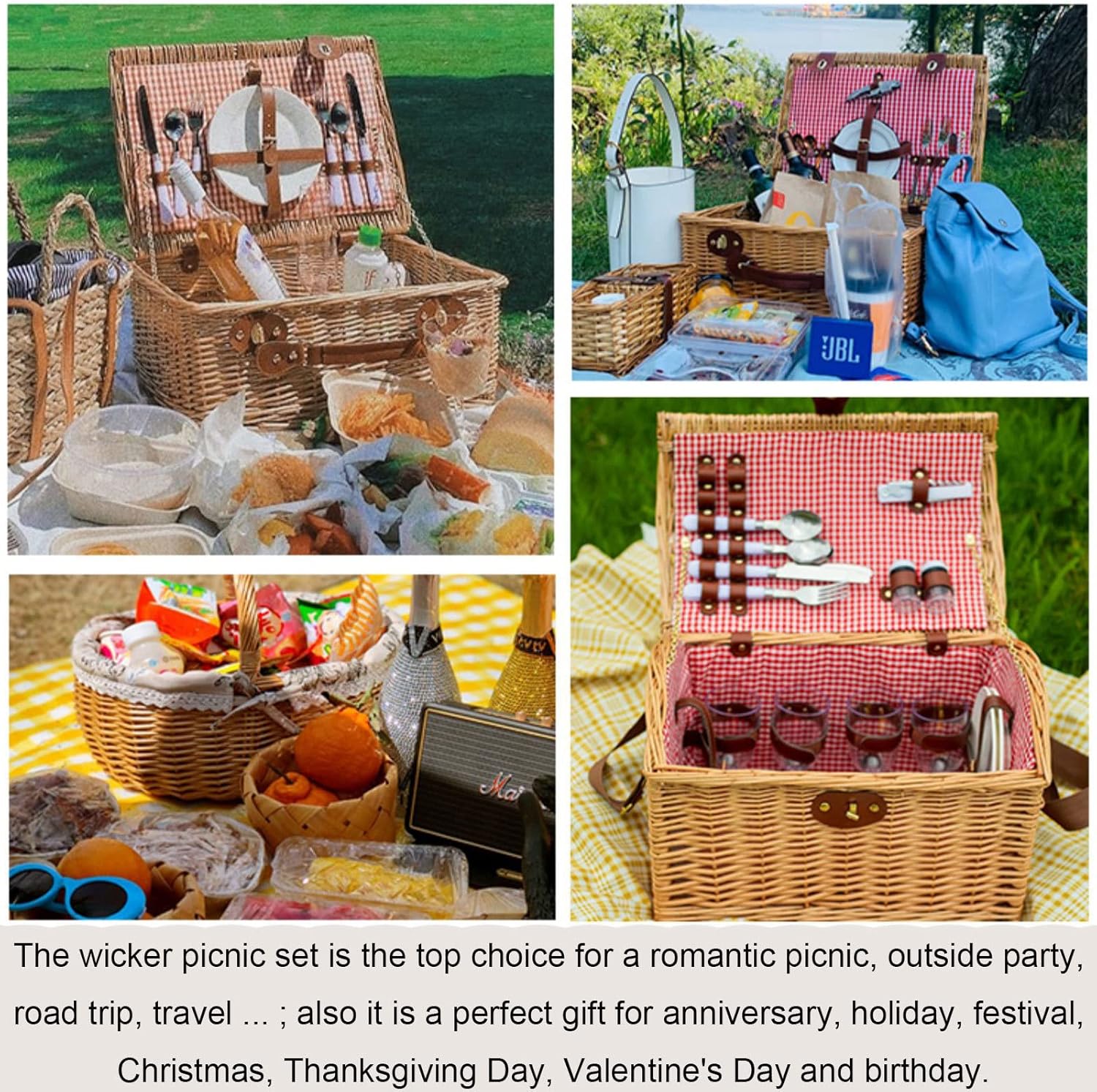 AADECOR Wicker Picnic Basket Set for 4 Persons, Willow Hamper with Liner, Willow Picnic Hamper Basket with Cutlery Service Kits for Camping, Outdoor, Valentine Day, Thanks Giving, Birthday
