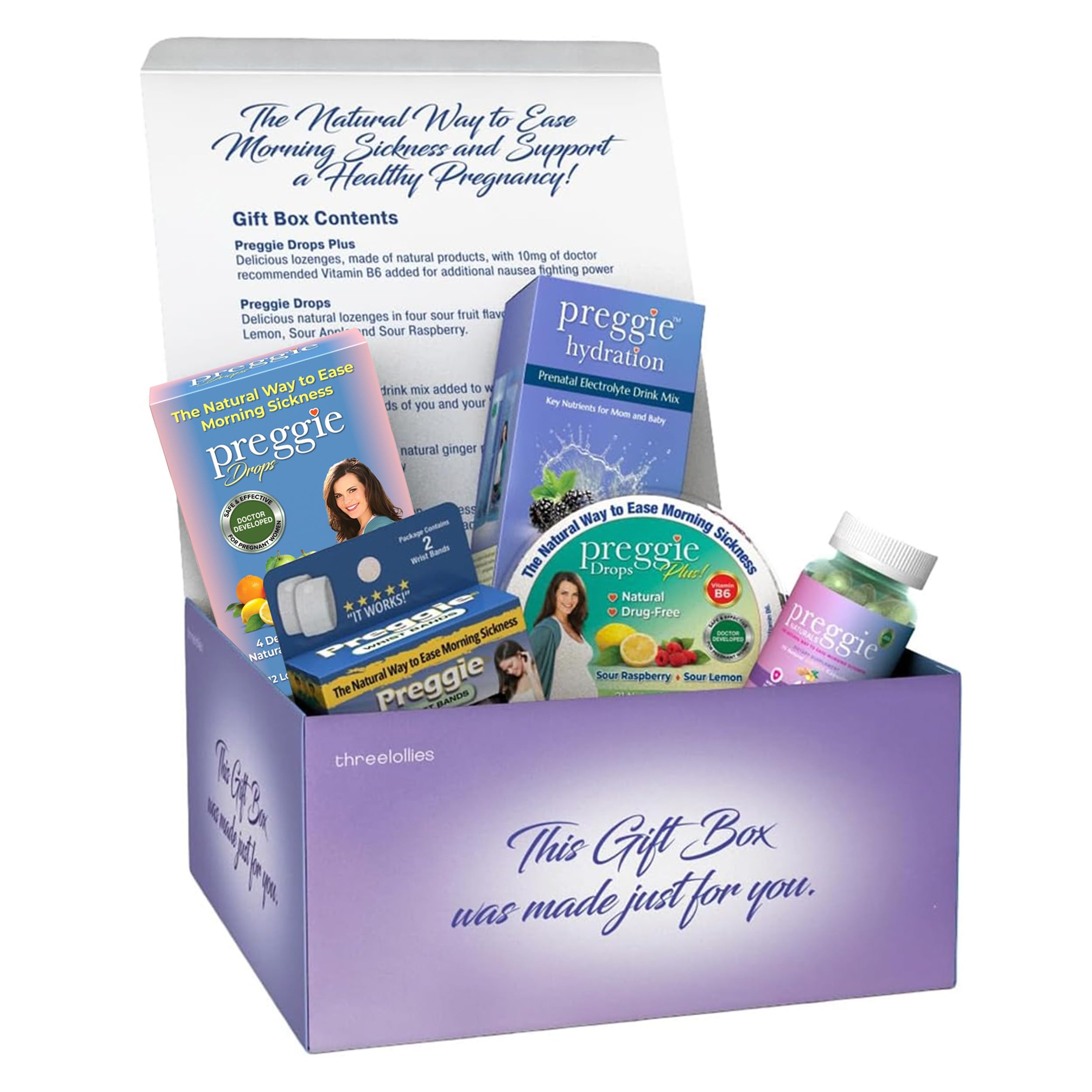 Three Lolies Preggie Gift Box - Φυσικό, Εγκυμοσύνη Nausea Relief Essentials with Anti-Sickness Lozenges, Hydration Packets, Ginger Κάψουλες, & Anti-Nausea Bands for Morning Sickness