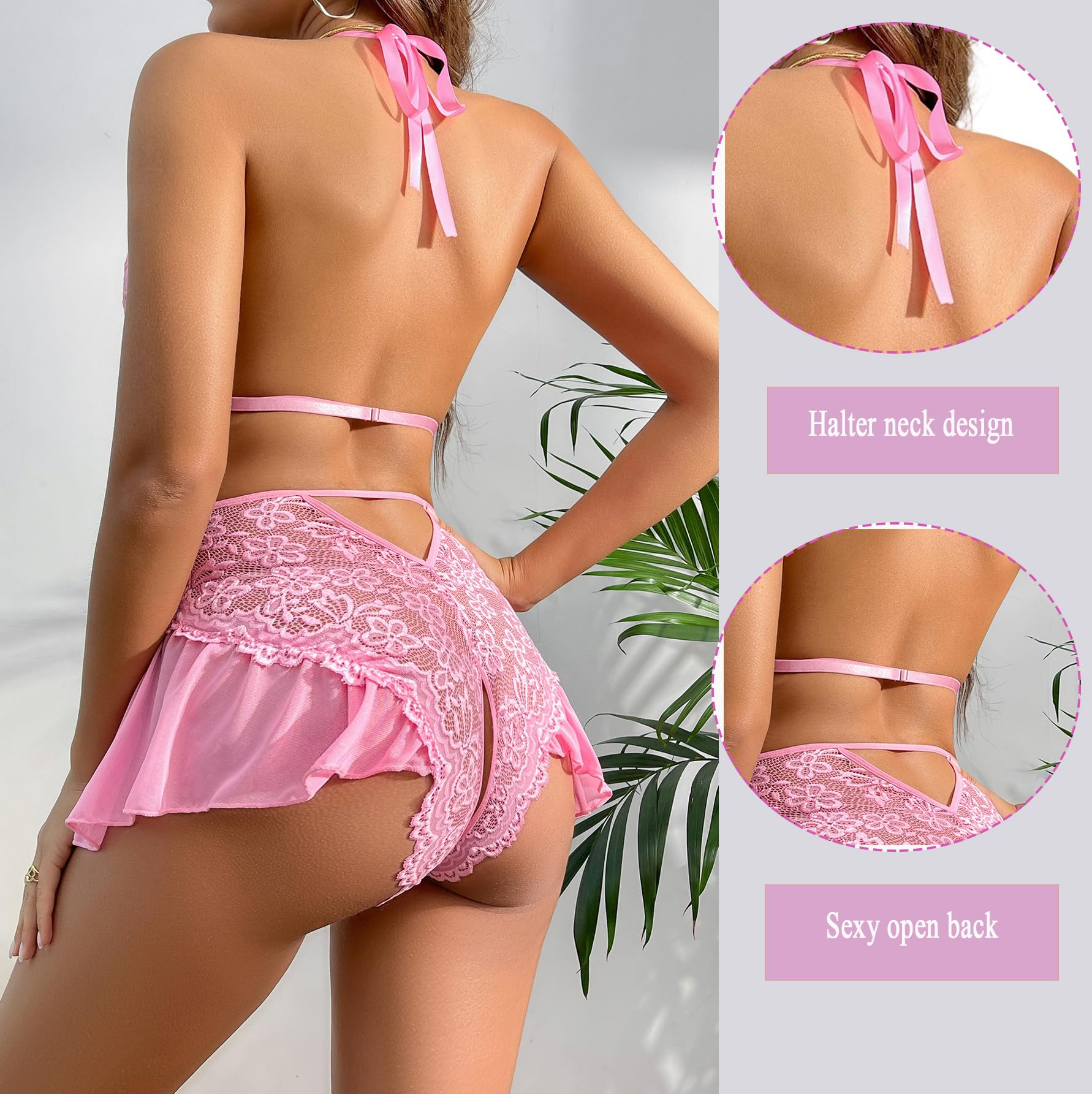 WBDWWTD Nuisette Sexy pour Femme en Dentelle Florale - Body Dos Nu en V Profond - Une pièce Dos Nu - Chemise de Nuit Creuse - Jupe en Maille - Patchwork - Chemise de Nuit pour Femme pour la