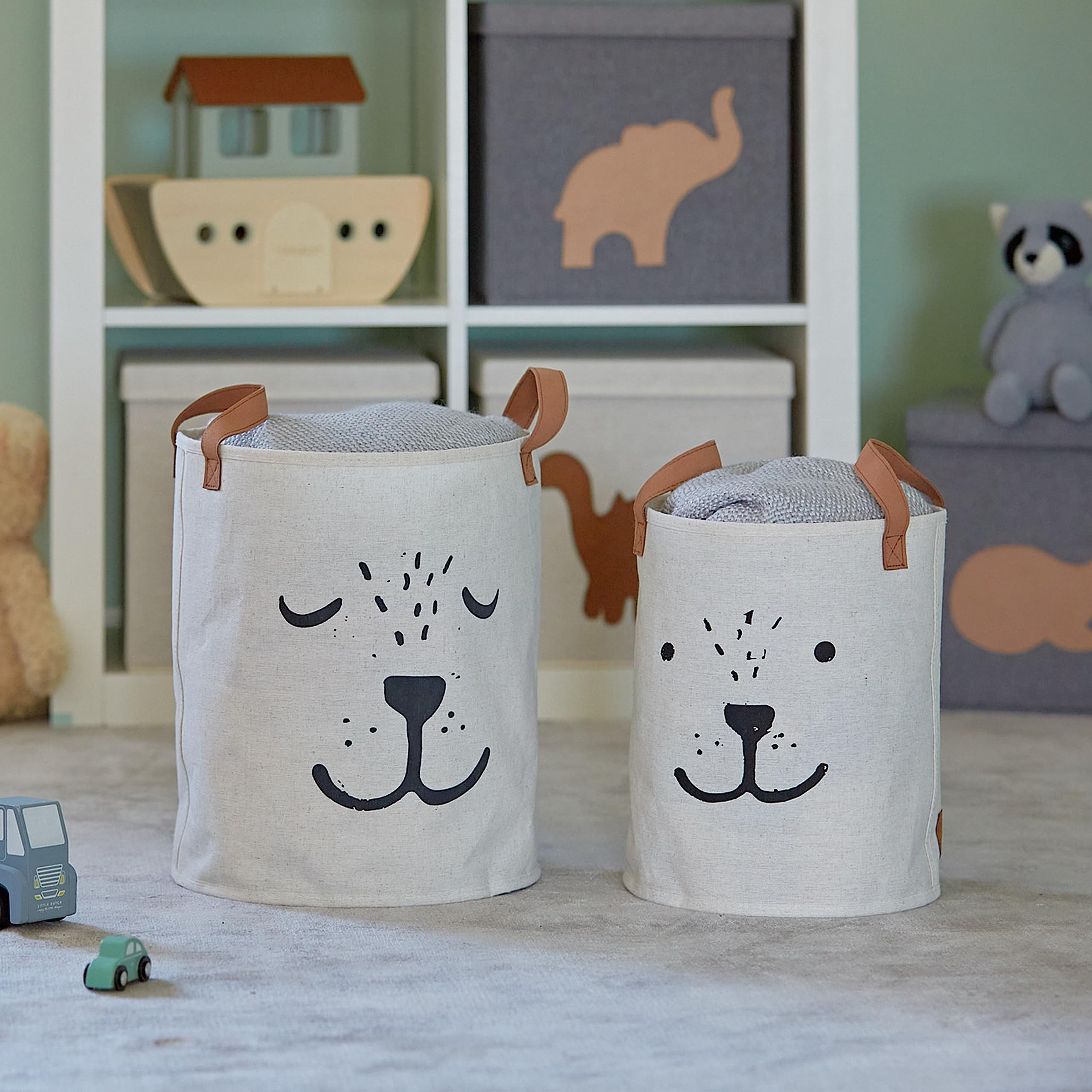 LOVE IT STORE IT Set di 2 Cestini Portaoggetti in Lino Pieghevoli, per Cameretta e Casa, Beige con Motivi e Maniglie Resistenti