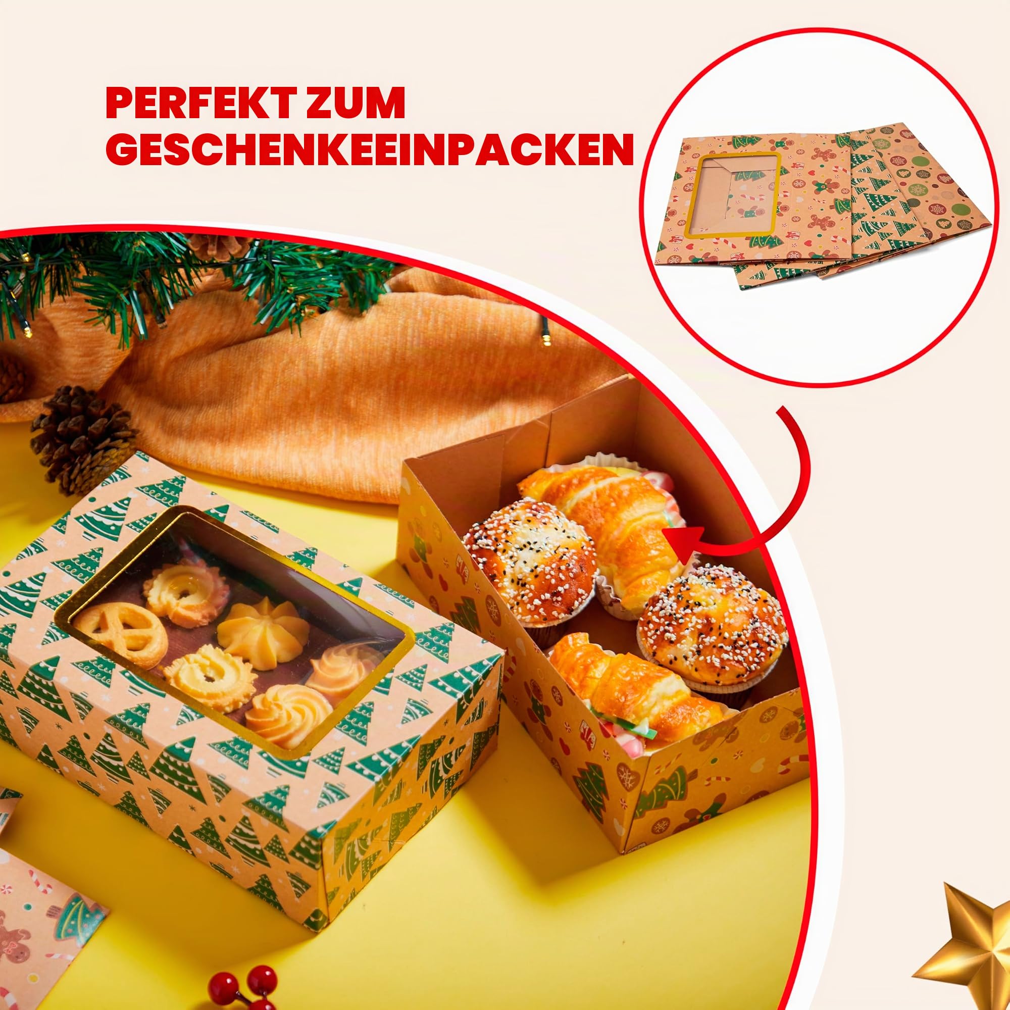 JOYIN 24 Stück folierte Weihnachts-Plätzchenboxen mit Fenster, Leckerli- Boxen für Donut und Kekse, braune Kraft-Bäcker-Boxen mit 3 Designs, Weihnachts-Plätzchen-Geschenk-Backbox, für Gebäck, Cupcakes Küche, Haushalt & Wohnen