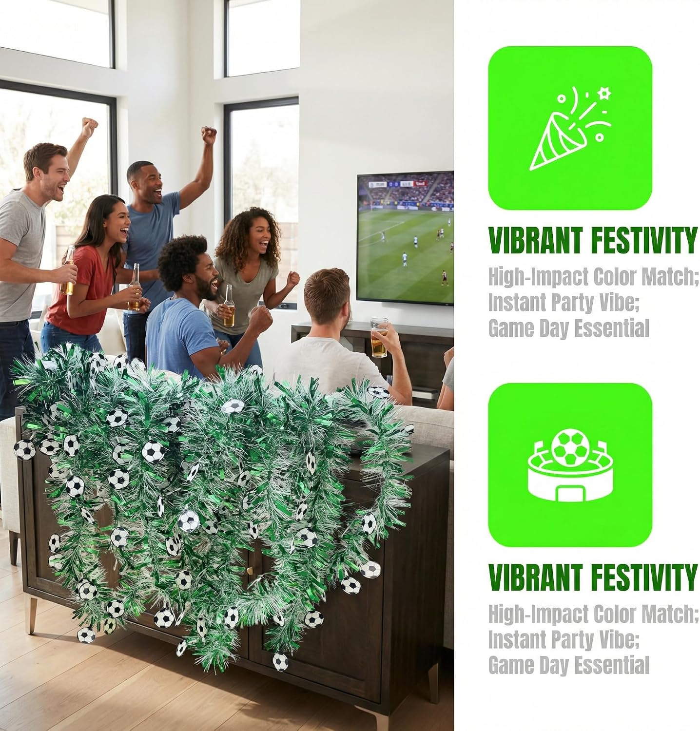 Soccer Tinsel Garland, 52FT Green Silver Artificial PET Garland with Soccer Cutouts, Reusable Hanging Decor for Soccer Party, Banquet, Senior Night, Graduation, Game Day Indoor Outdoor Football Decor