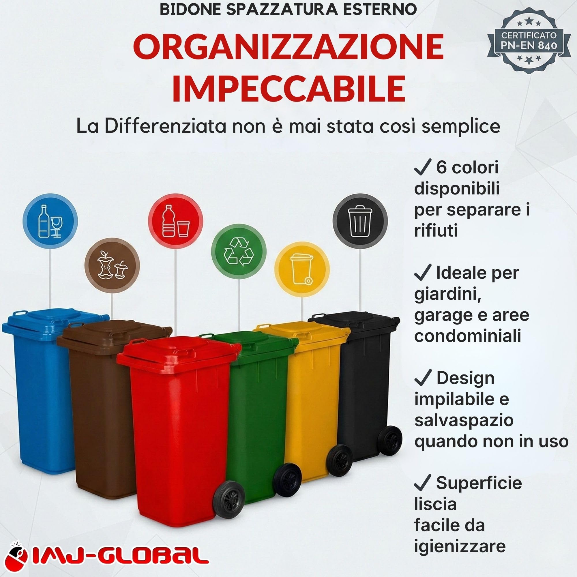 IMJ-Global - Duży wysoki kosz na śmieci 240 litrów PN-EN 840 z kółkami i mechanicznym systemem zaczepu do zbierania, kosze na śmieci do recyklingu plastikowy pojemnik na śmieci (żółty)