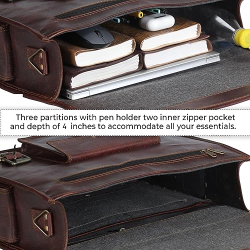 Miniatura 5 de Bolso de mensajero de cuero de grano completo para hombres Bolsa de cuero para computadora portátil para hombres, maletín de cuero genuino bolsa de