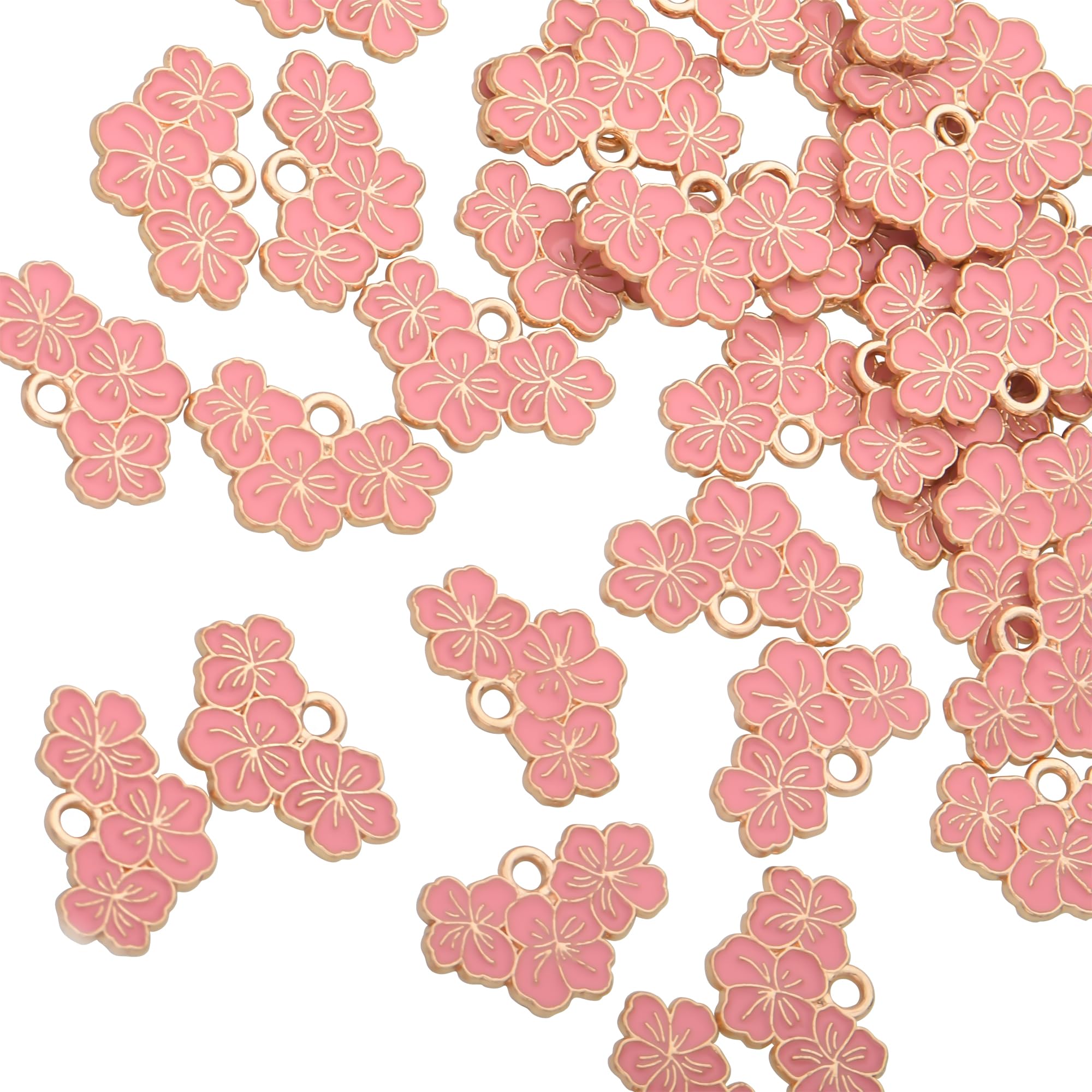 VIDRIO Pack of 80 Sakura Flower Blossoms Enamel Charms Gold Plated Colored Pendants Accessories for Necklace Bracelet Jewelry Making DIY Crafting