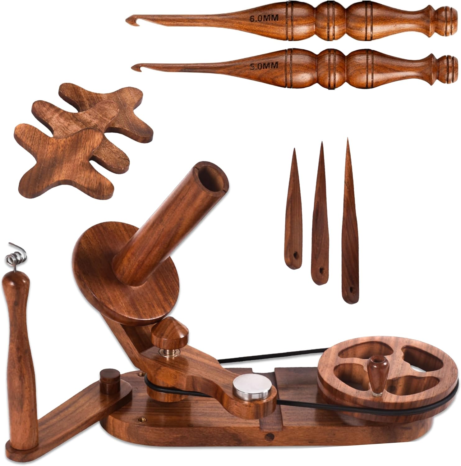 Brainmart Wooden Yarn Ball Winder, 9-pcs Crochet Set, Handcrafted Ball Winder, Crochet Hooks 5mm, 6mm, Bobbins, Weaving Needles for Knitting