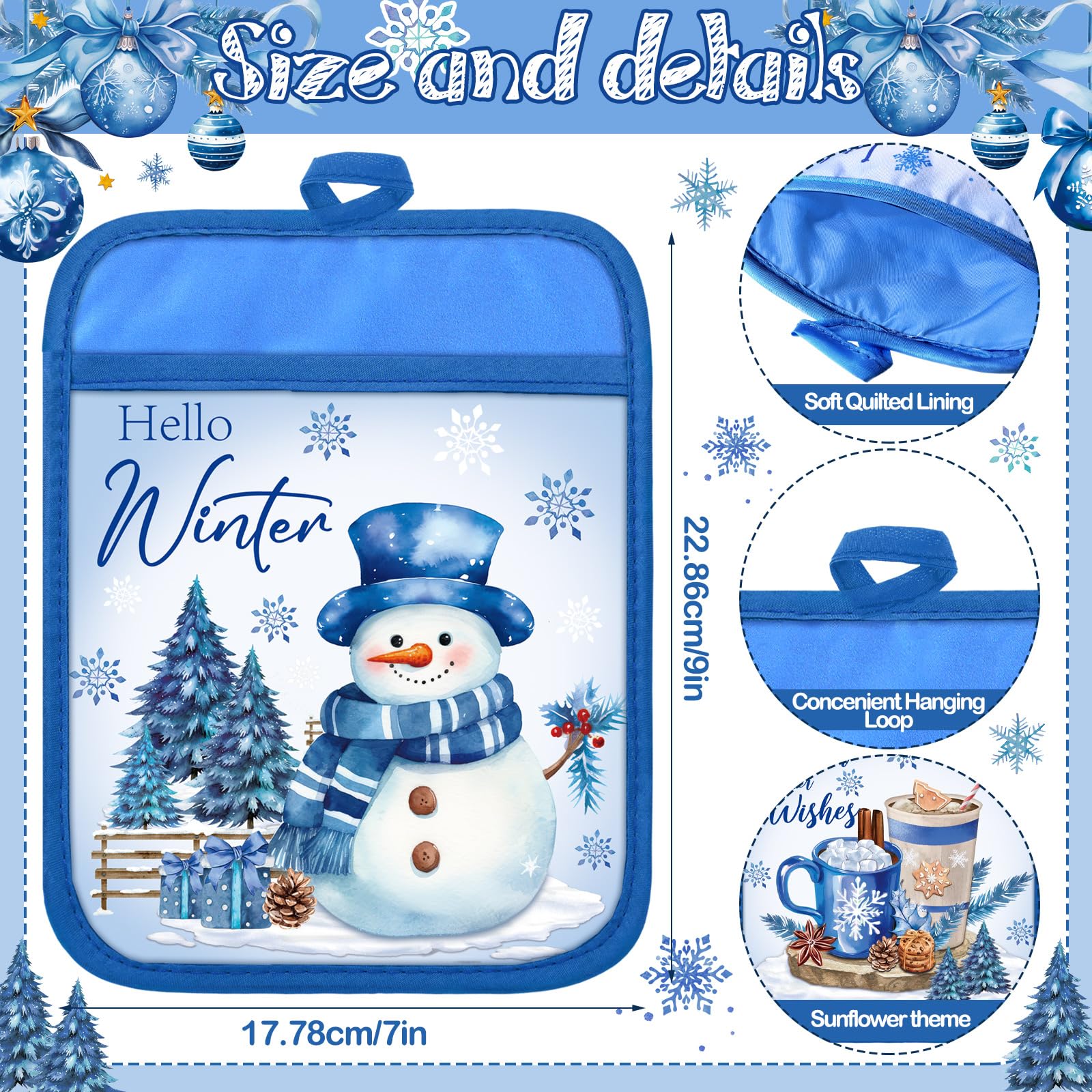 12 soportes azules para ollas de Navidad con bolsillo, Hello Winter, regalo a granel, gnomo de muñeco de nieve, resistentes al calor, guantes de horno, lindos guantes de horno de copo de 4