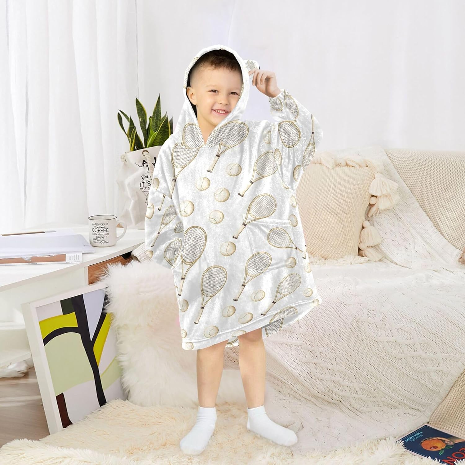 Tennis Racket Sport Kids Wearable Blanket Hoodie with Pocket and Sleeves for Toddlers, Cute Hoodies Girls B0403696