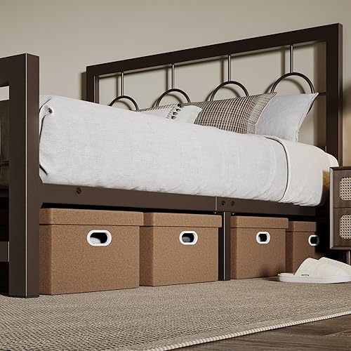 Miniatura 7 de Allewie Marco de cama de plataforma de metal de tamaño matrimonial con cabecera de estilo moderno y vintage, no necesita somier, fácil montaje, sin