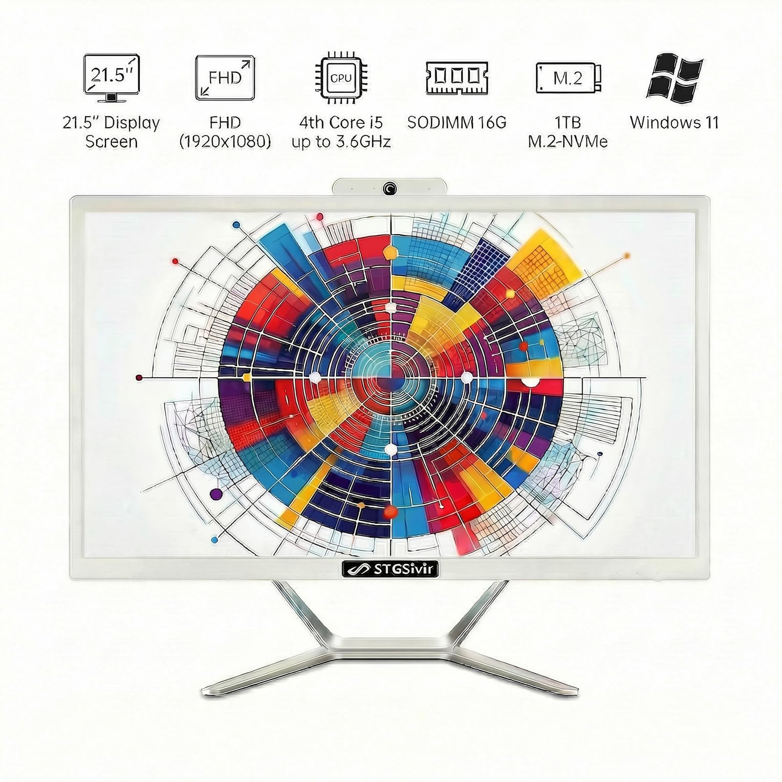 STGsivir All in One PC, Ordenador Todo en uno，Pantalla FHD de 21.5", Core i5 hasta 3.6 GHz, 16GB RAM, 1TB SSD, WiFi, Bluetooth 5.0, Windows 11 Pro, Blanco