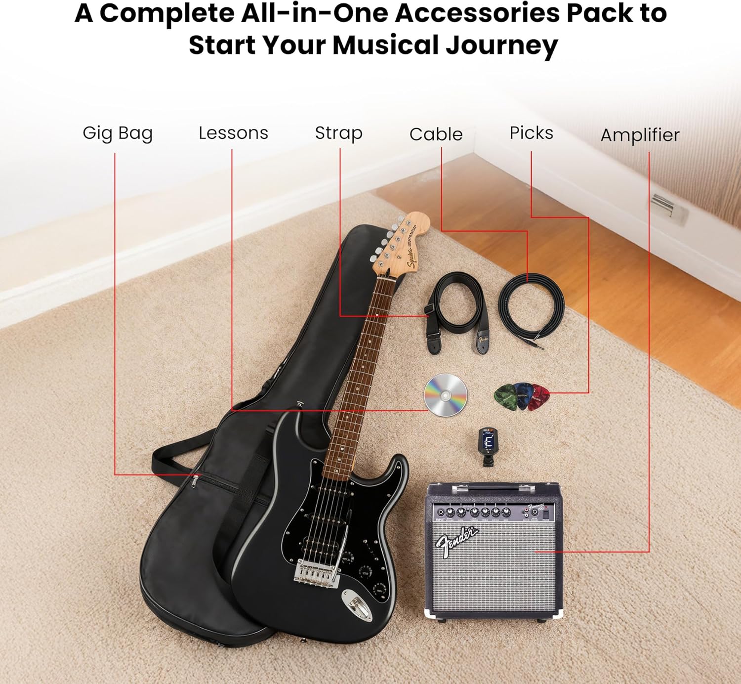 Fender Squier Affinity Stratocaster HSS Pack - Charcoal Frost Metallic Bundle with Frontman 15G Amplifier, Gig Bag, Tuner, Strap, Cable, Picks, and Austin Bazaar Instructional DVD