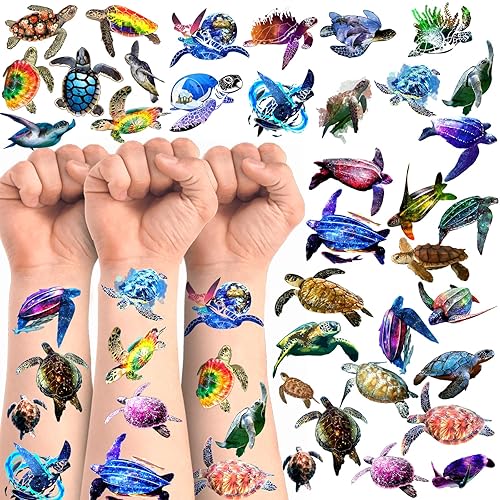 Tatuajes temporales de tortuga, 20 hojas, 156 piezas de calcomanías de tatuajes con temática de tortuga, suministros de decoración para fiestas,