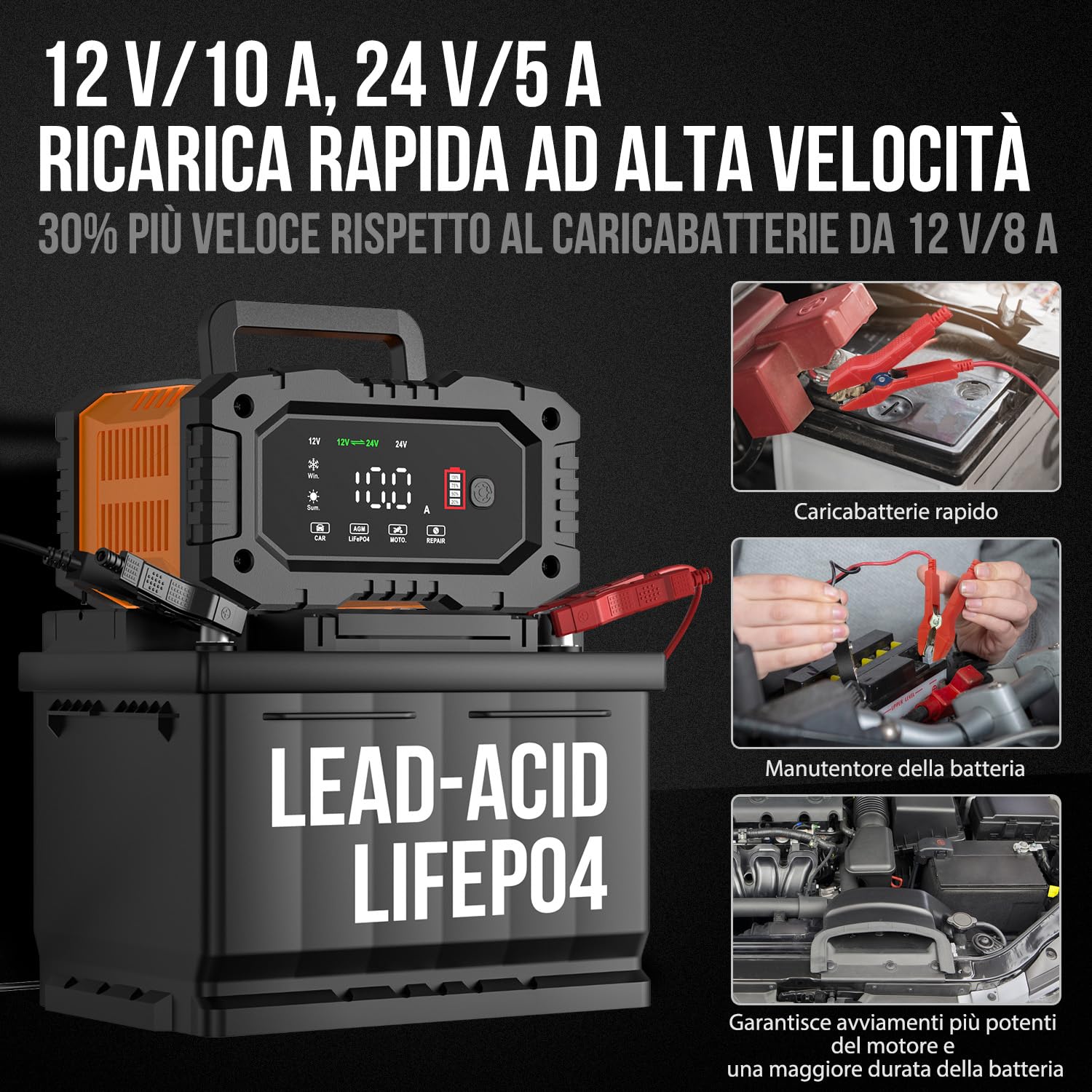 Caricabatterie Intelligente 10A, Caricabatterie per Auto LiFePO4 12V 24V, Mantenitore Automatico della Batteria con Compensazione della Temperatura per Auto Moto Camion, AGM, Gel, Bagnato, SLA