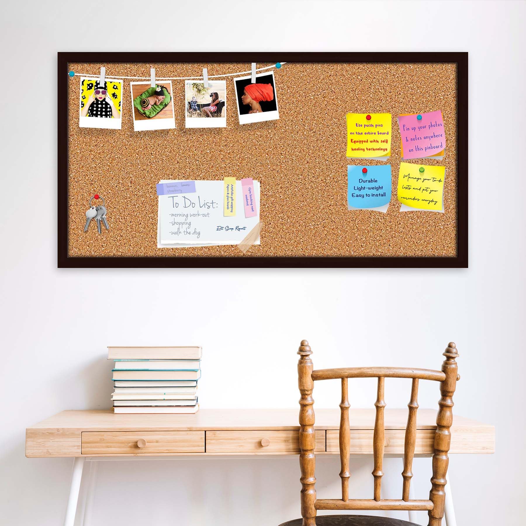 artzfolio cork board | bulletin board notice pin board | vision soft board combo with thumb push pins & sticky notes | dark brown frame | 36 x 18 inch (91 x 46 cms)