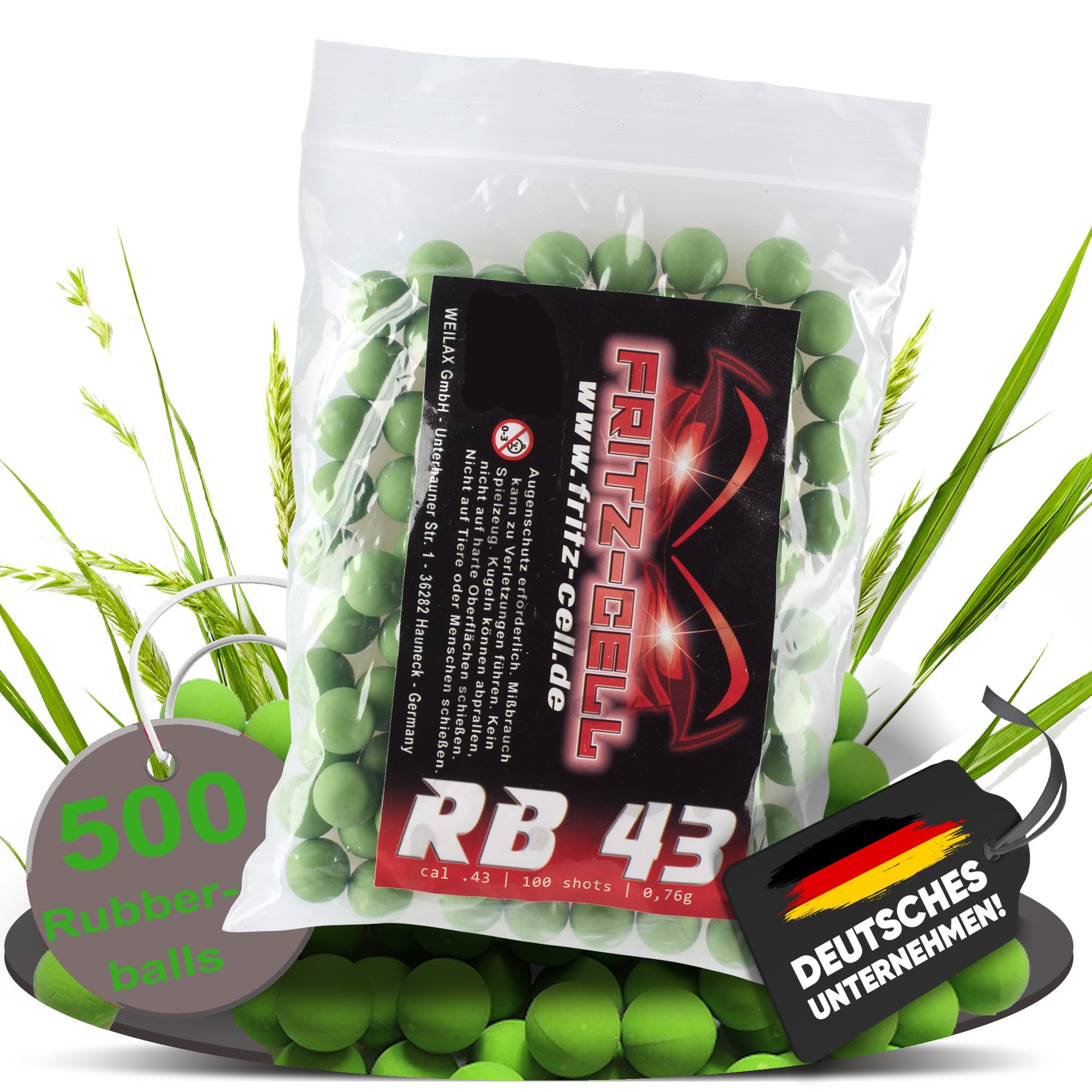 500 x RB Cal.43 grün Rubberball Gummigeschosse Fritz-Cell kompatibel mit T4E HDR50 / HDP5