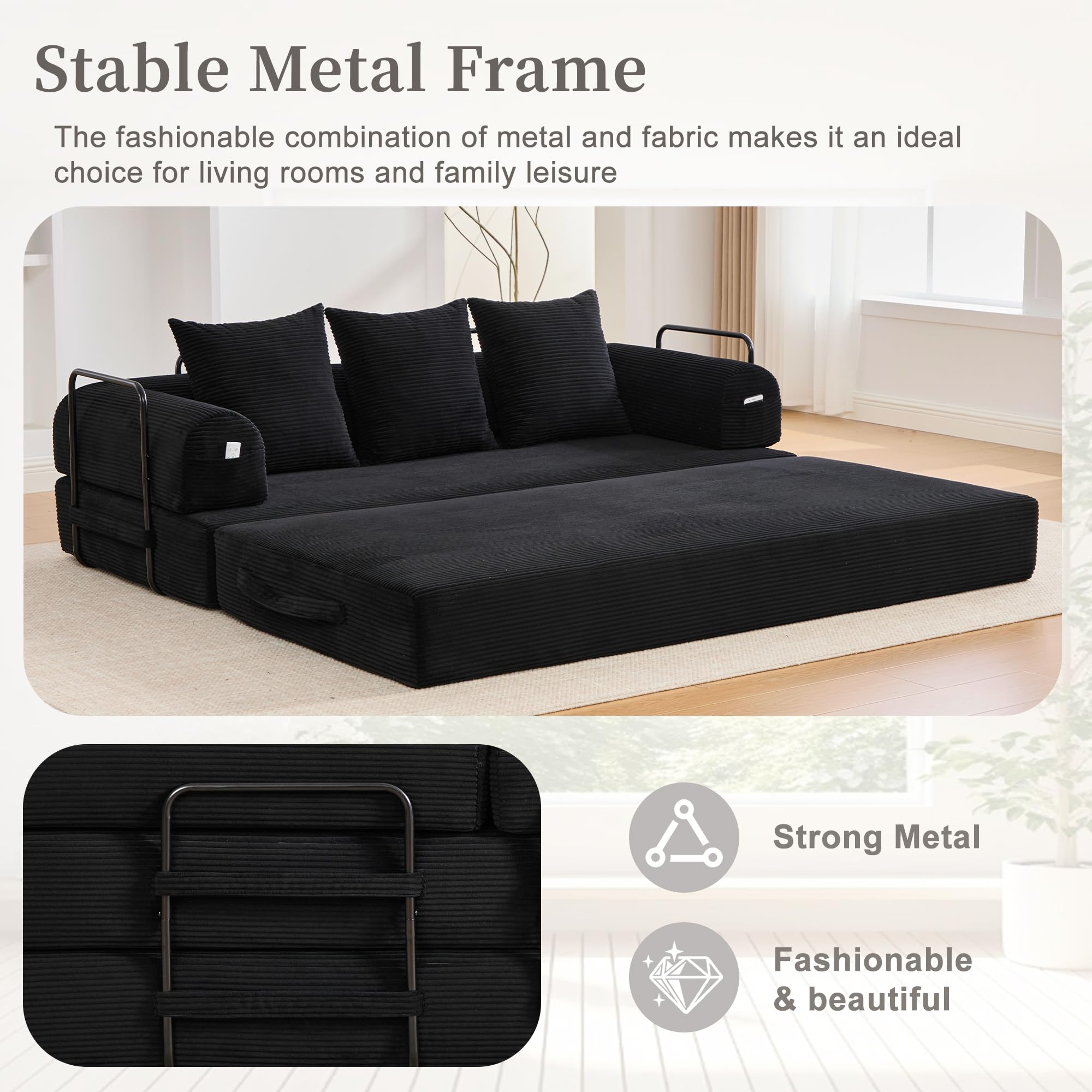 Sofa Cama Plegable Modular 3 Plazas de 200 cm, Sofá Cama con 3 Cojines y Estructura Metálica, Sofa 3 Plazas con Bolsillo Lateral, Sofás Comprimidos Boneless Couch, Pana, 200x94x67 cm, Negro