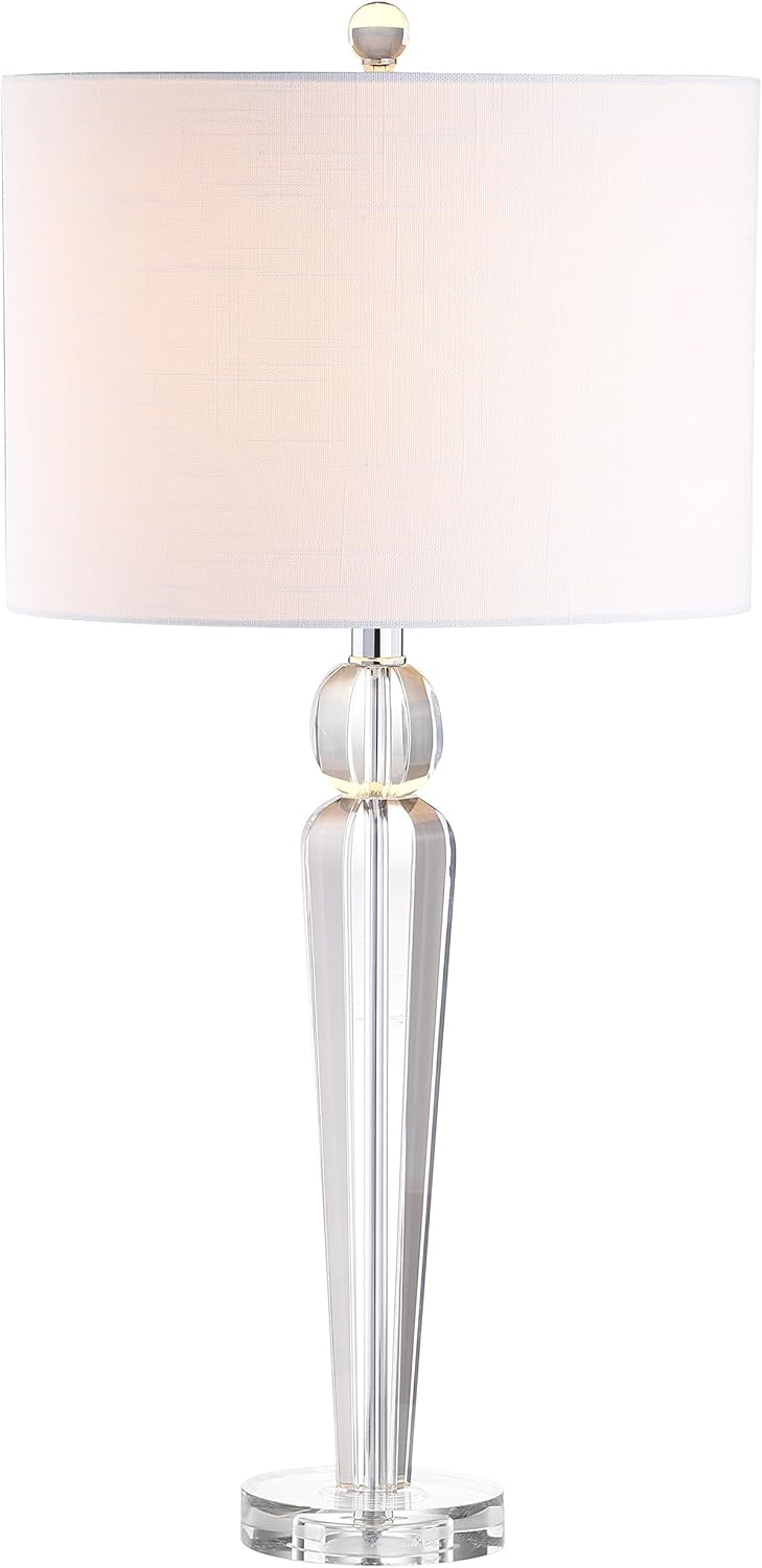 JONATHAN Y 28.5" Clear Crystal Table Lamp, Modern Glam Column Lamp with White Linen Drum Shade for Living Room Bedroom Nightstand, Chrome Finish, LED Bulb Included JYL5018A
