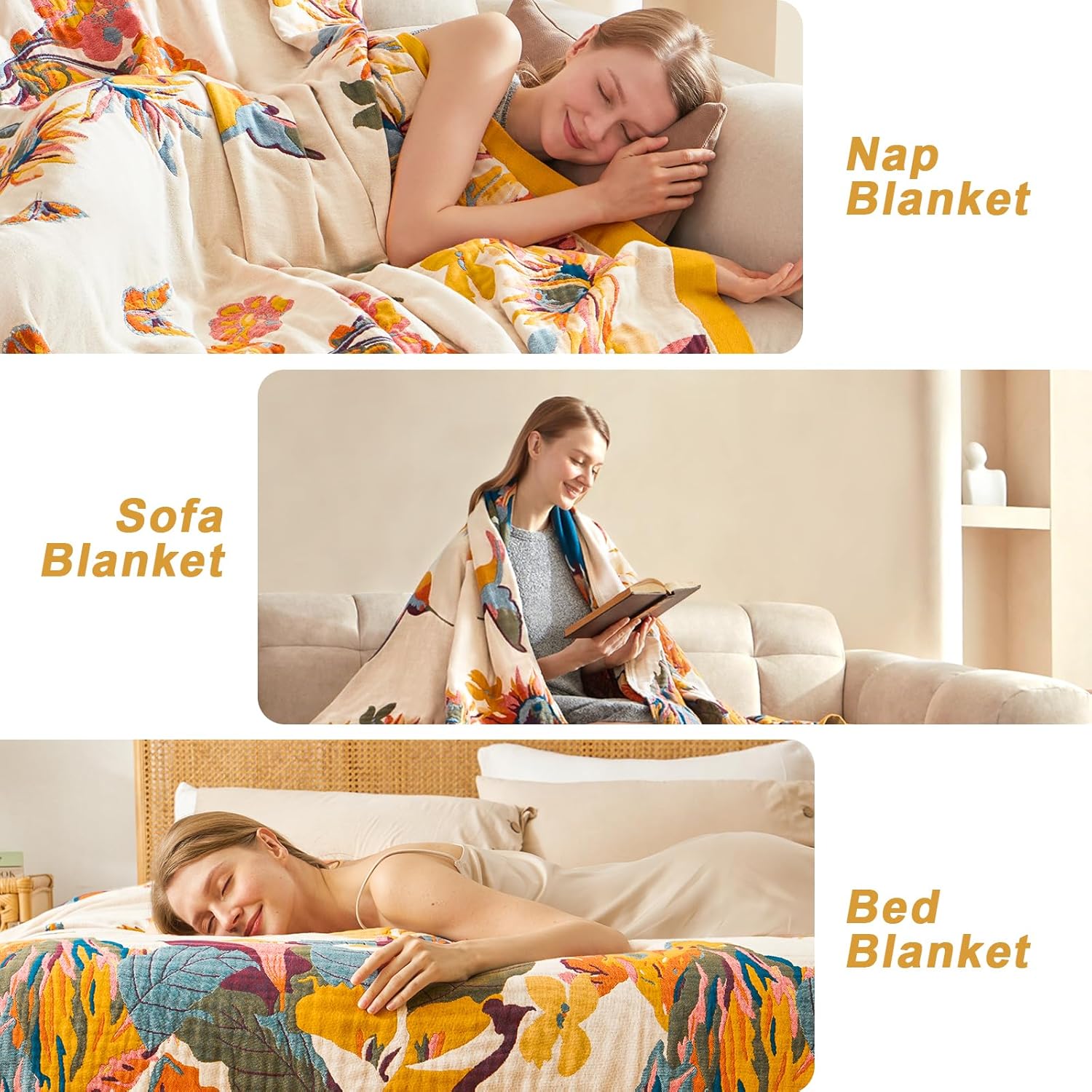 Boho Throw Blanket for Bed 60"x80", 100% Soft Cotton Bohemian Blankets with Rustic Floral Printed Decor, Fall Throw Blanket for Couch Cozy Breathable Twin Size All Season - Image 5