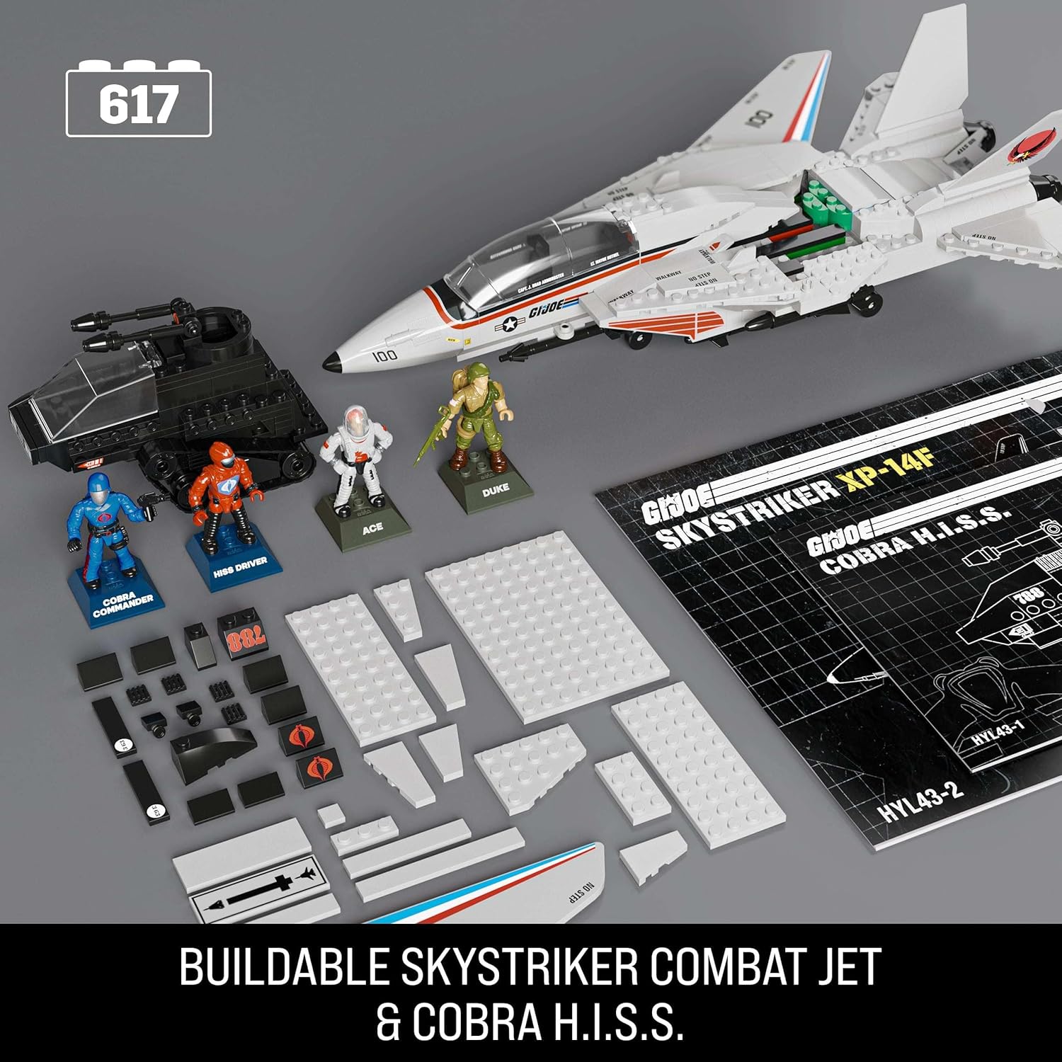 MEGA G.I. Joe Building Set components including 617 pieces, Skystriker, H.I.S.S., and instruction manuals
