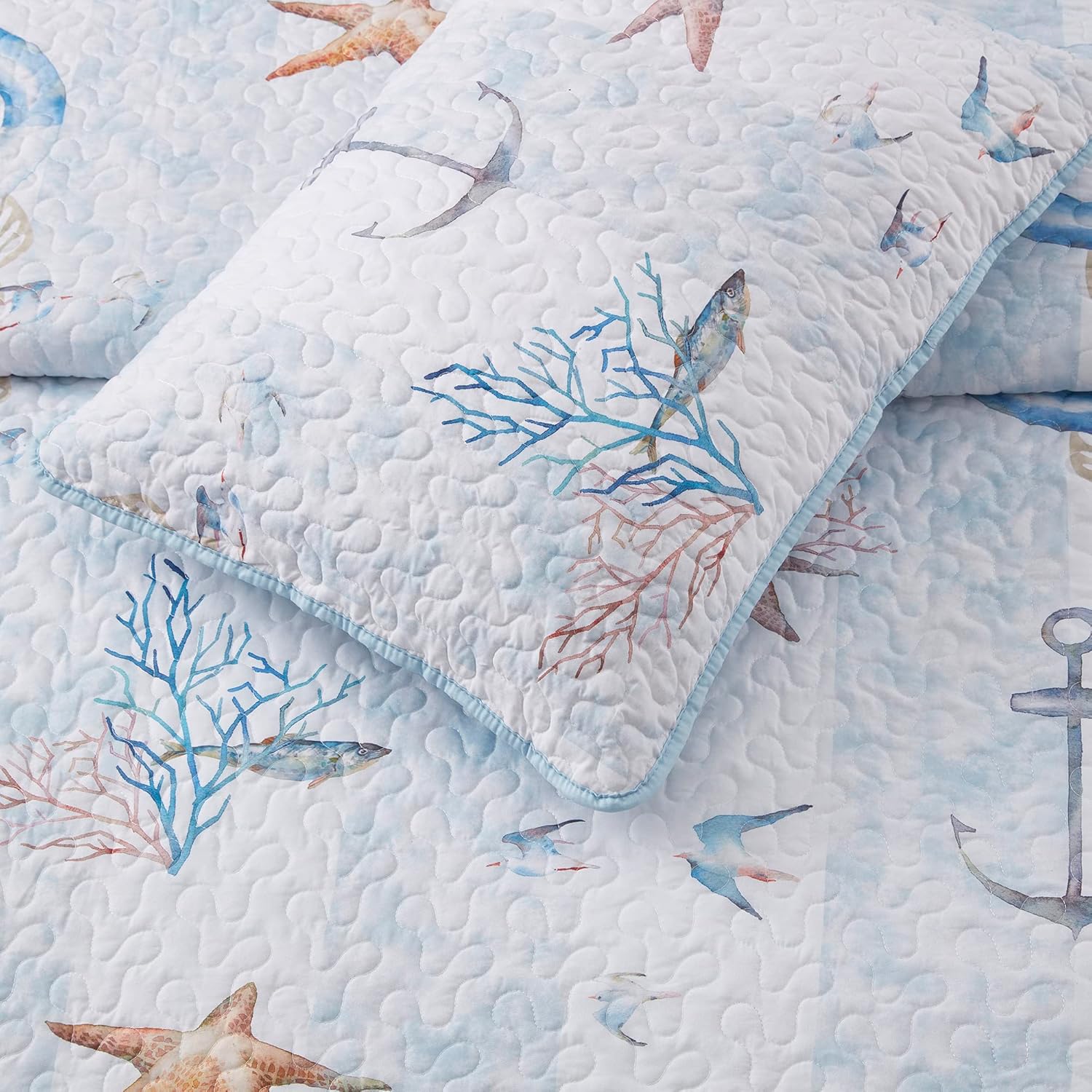 Sweet Home Collection Quilt Queen Size Embroidered Oversized Soft and Luxurious Quilt Set with Shams, Queen, Ocean Breeze
