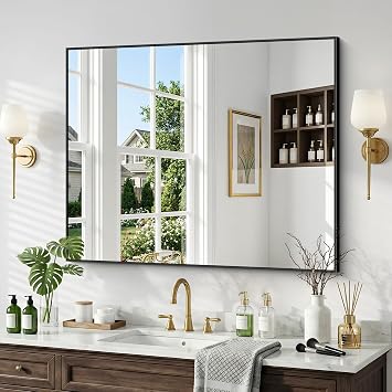 30"x36" Bathroom Mirror for Over Sink, Large Black Rectangle Mirrors for Wall, Black Framed Rectangular Mirror for Living Room Bedroom Bathroom, Hangs Horizontally or Vertically